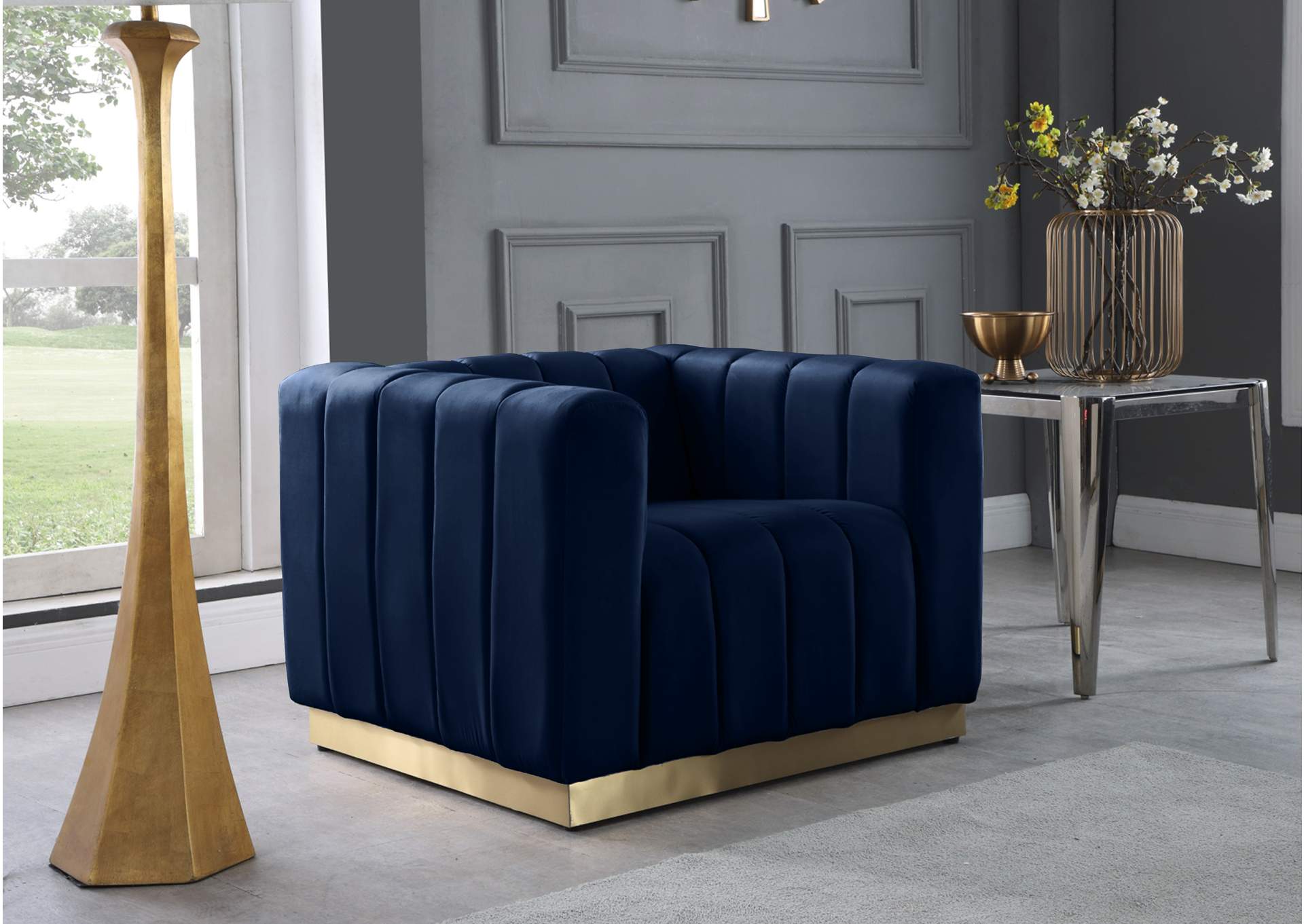 Marlon Navy Velvet Chair,Meridian Furniture