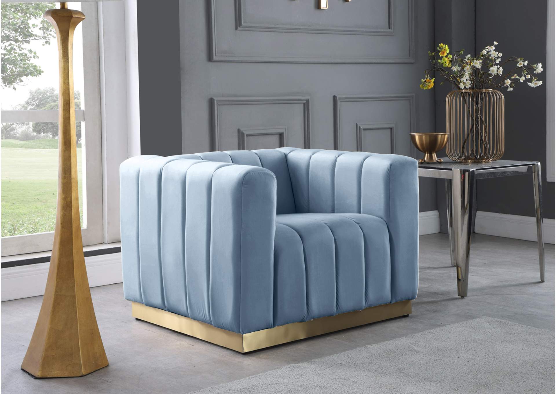 Marlon Sky Blue Velvet Chair,Meridian Furniture