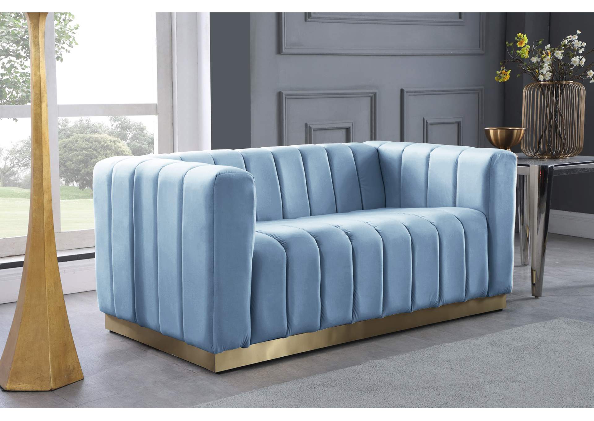 Marlon Sky Blue Velvet Loveseat,Meridian Furniture