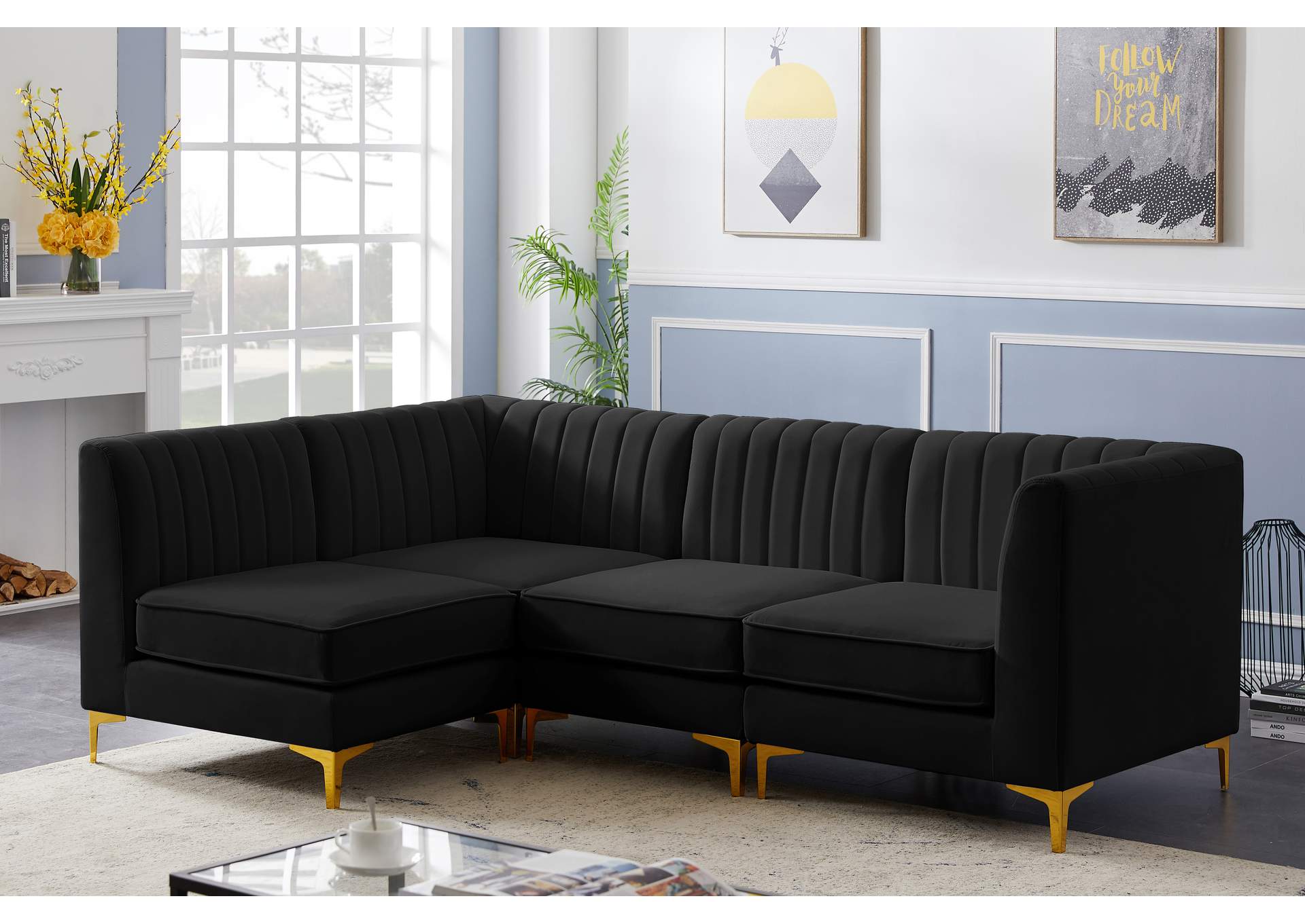 Alina Black Velvet Modular Sectional,Meridian Furniture