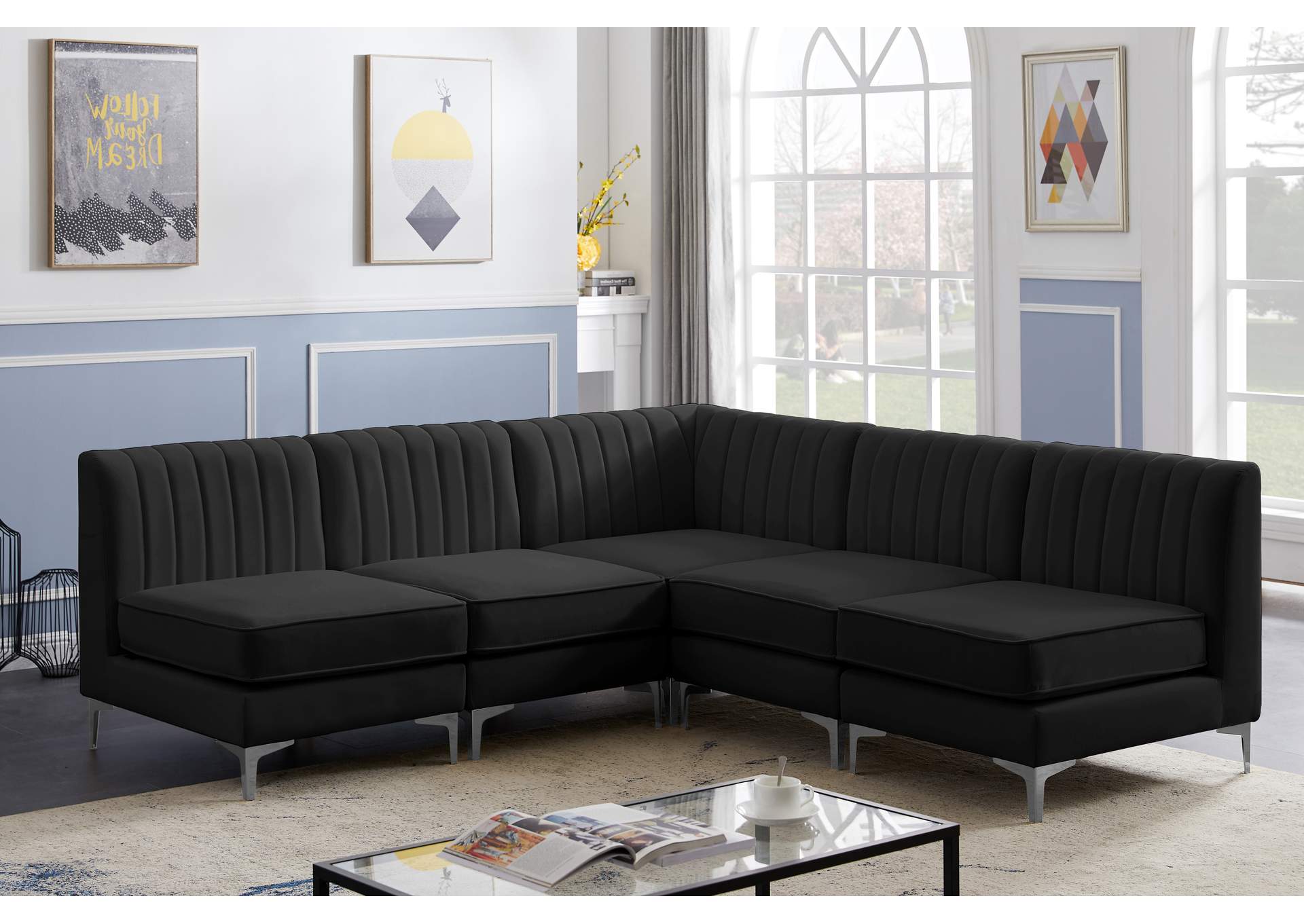 Alina Black Velvet Modular Sectional,Meridian Furniture