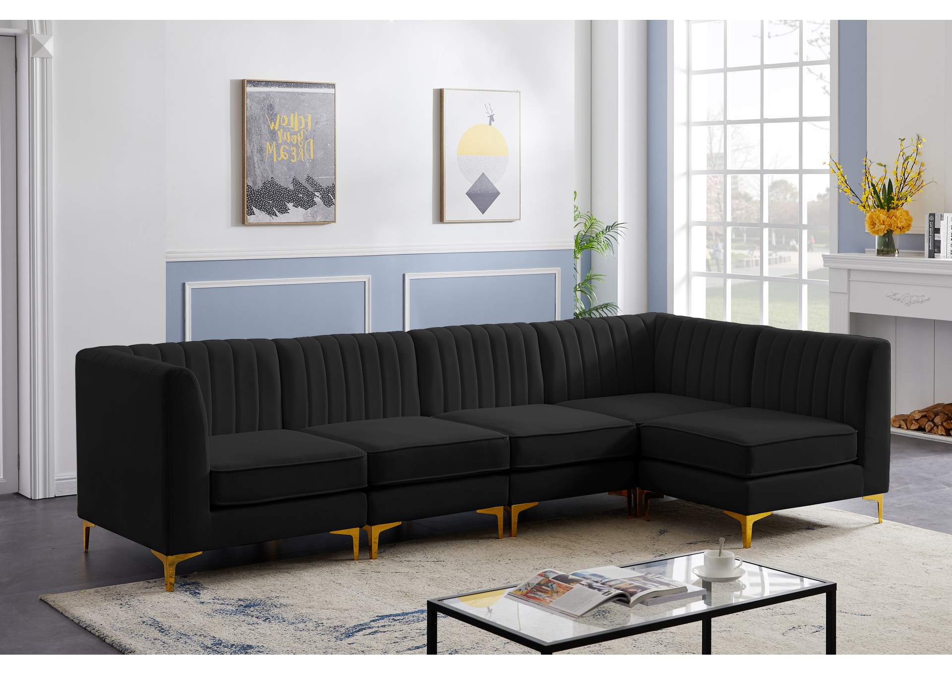 Alina Black Velvet Modular Sectional,Meridian Furniture