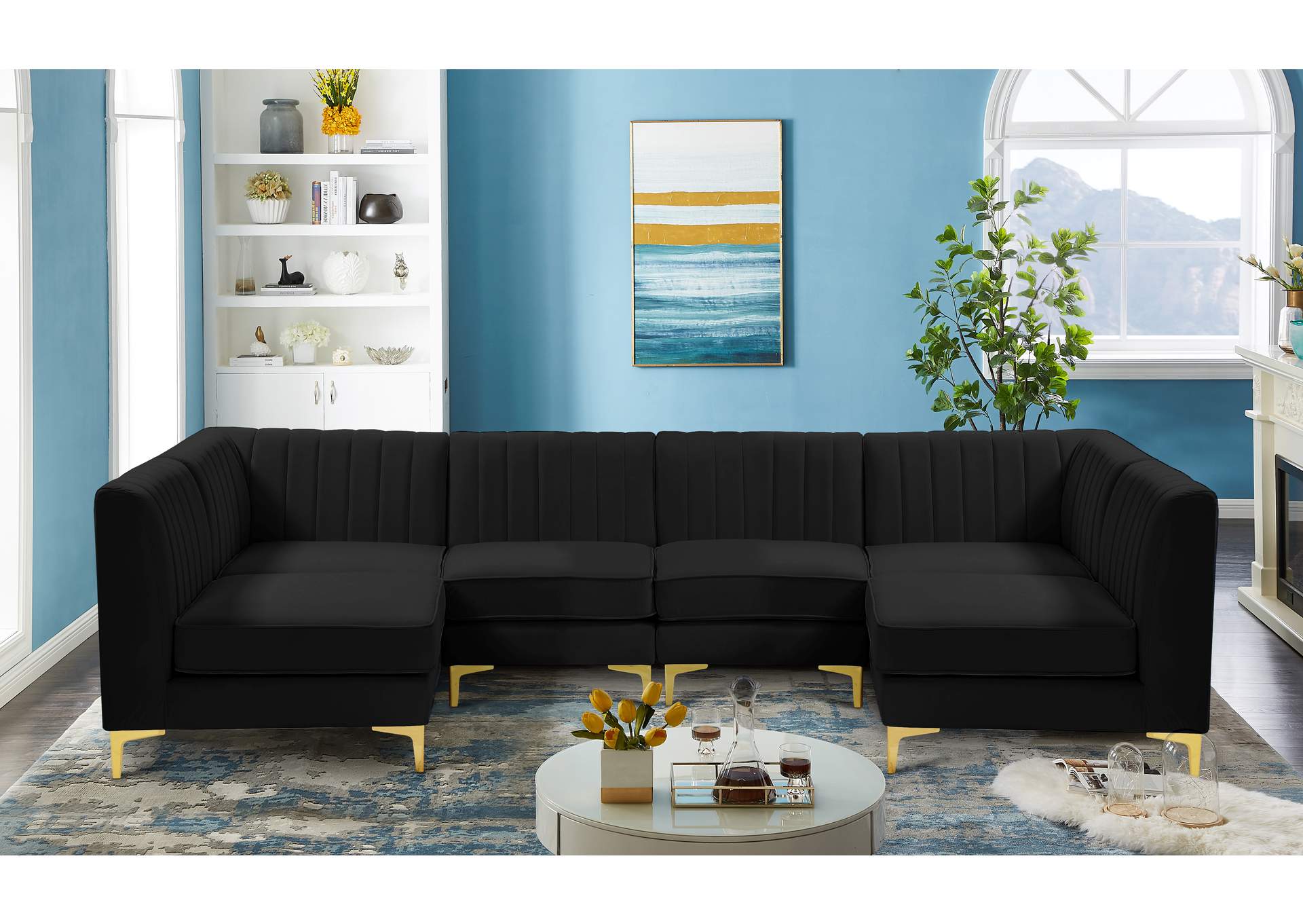 Alina Black Velvet Modular Sectional,Meridian Furniture