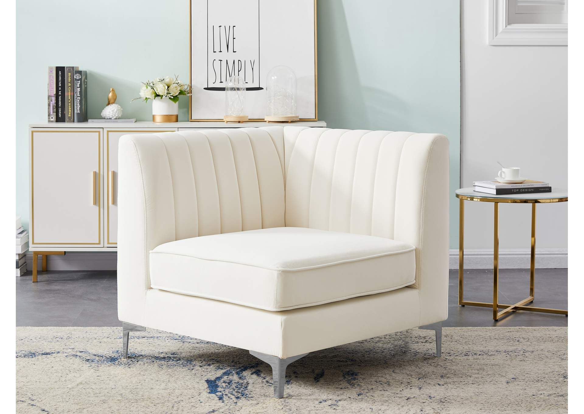 Alina Cream Velvet Corner Chair,Meridian Furniture