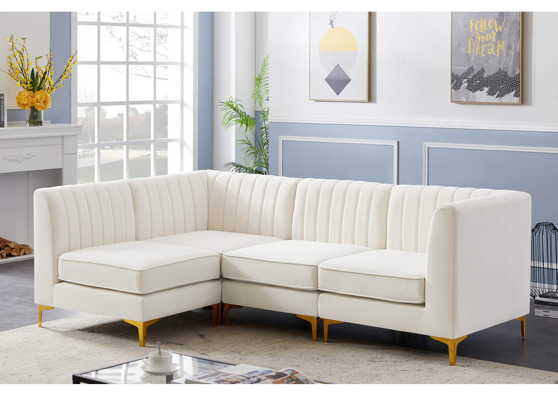 Alina Cream Velvet Modular Sectional,Meridian Furniture