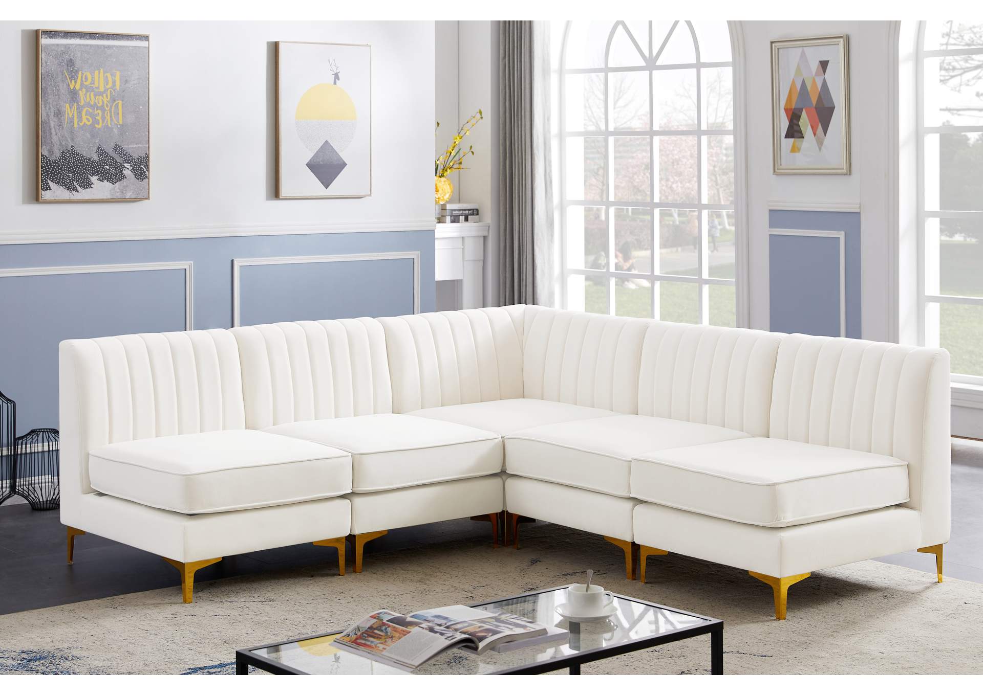 Alina Cream Velvet Modular Sectional,Meridian Furniture