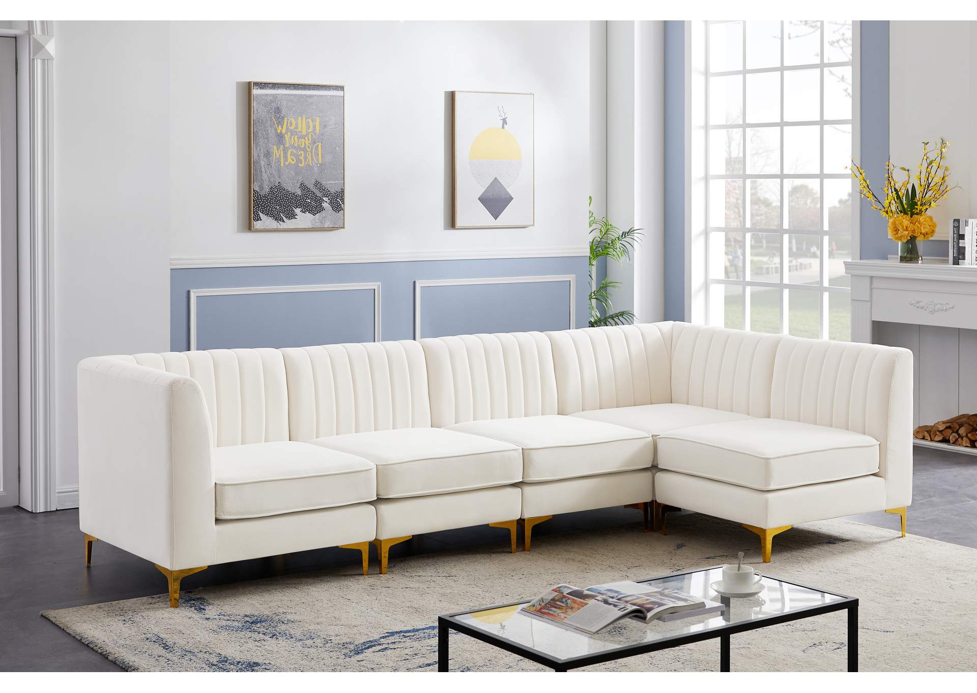 Alina Cream Velvet Modular Sectional,Meridian Furniture