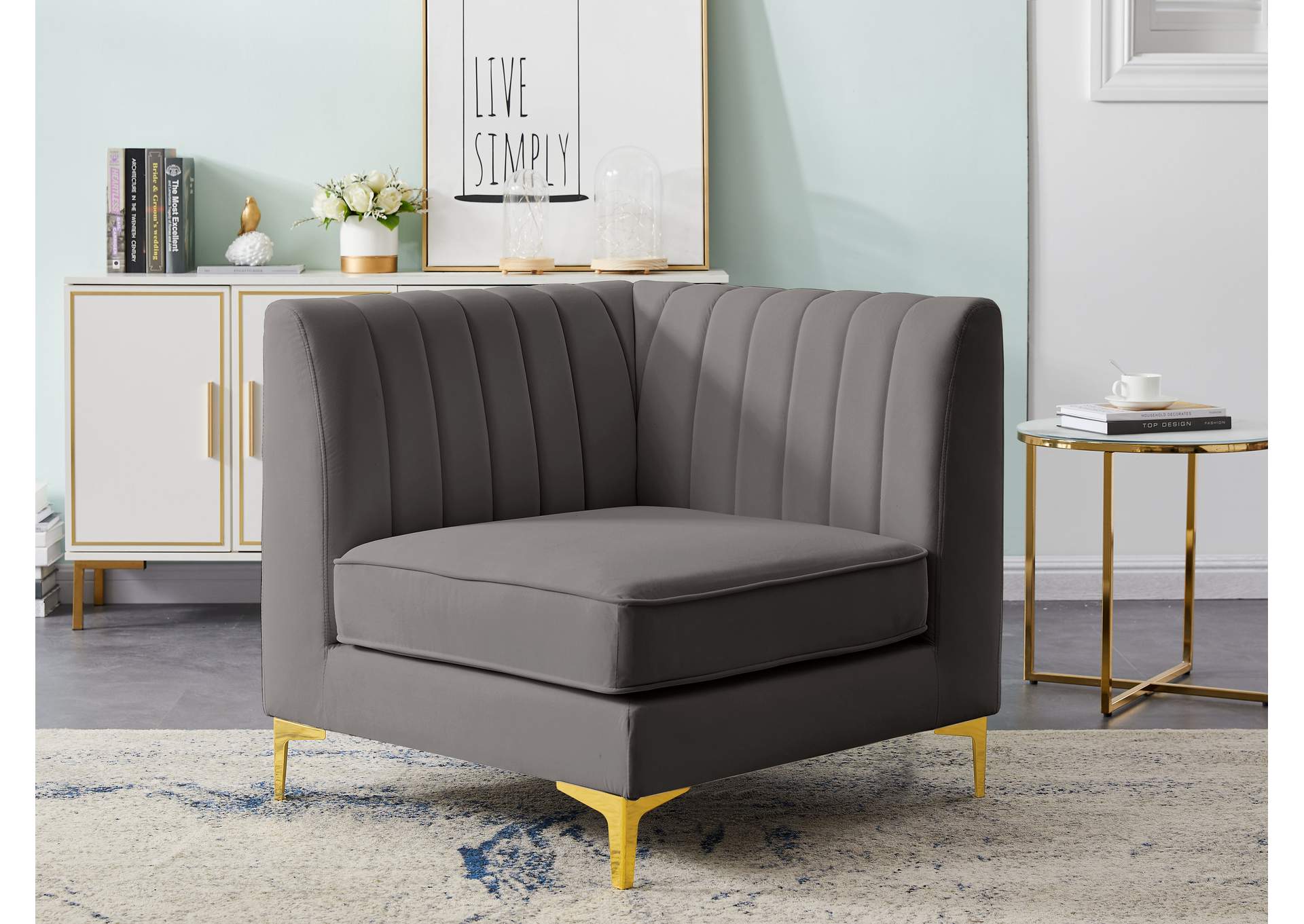 Alina Grey Velvet Corner Chair,Meridian Furniture