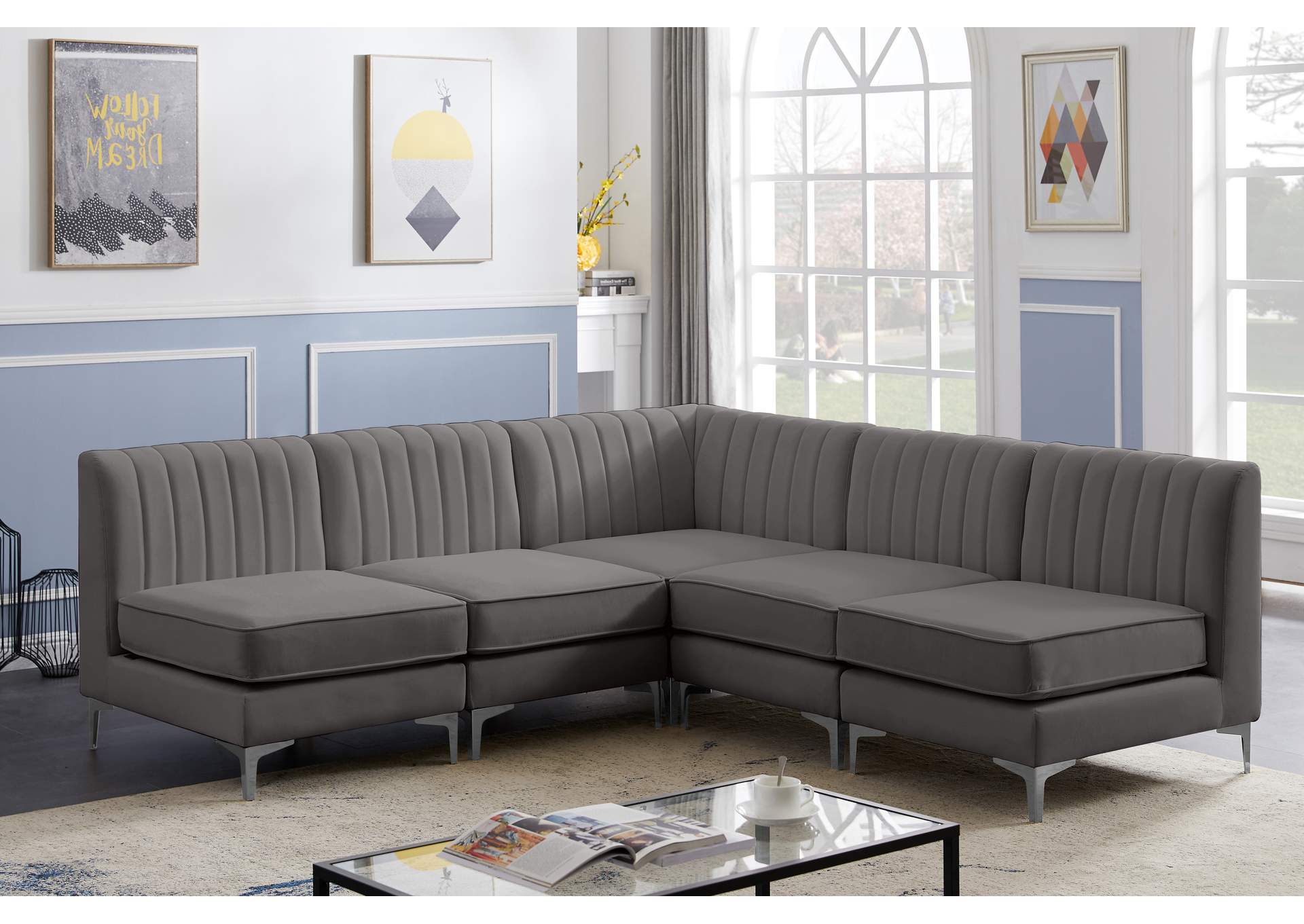 Alina Grey Velvet Modular Sectional,Meridian Furniture