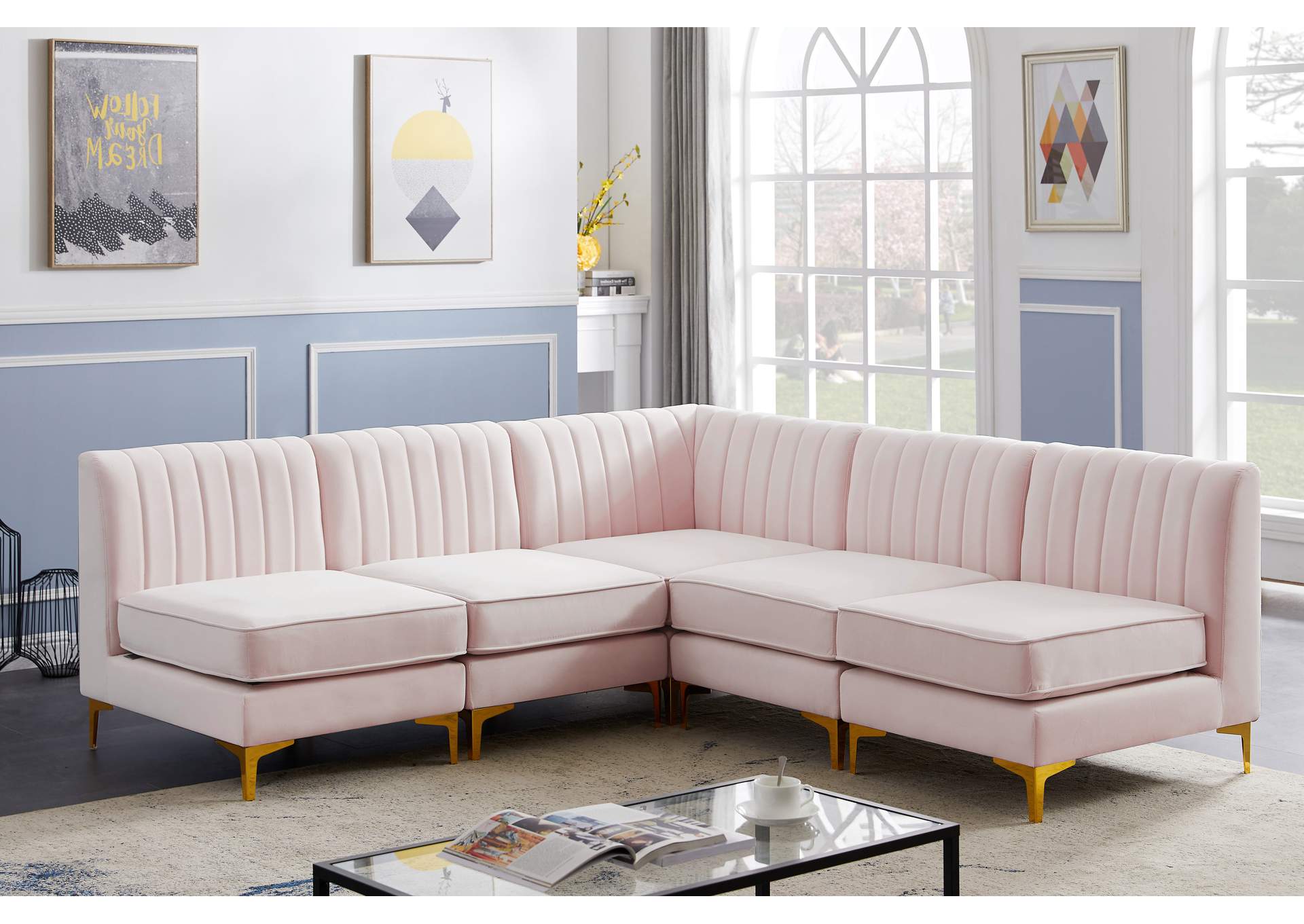 Alina Pink Velvet Modular Sectional,Meridian Furniture