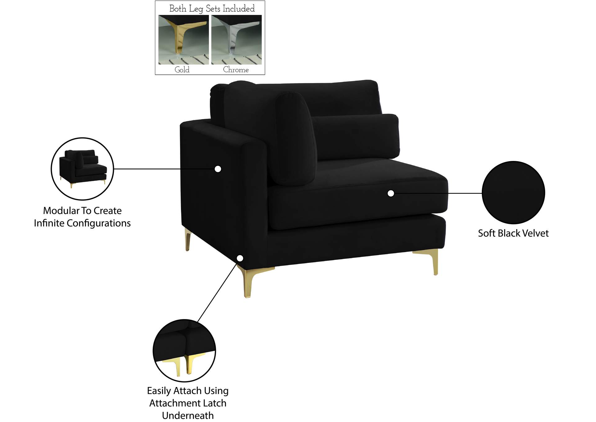 Julia Black Velvet Modular Corner Chair,Meridian Furniture