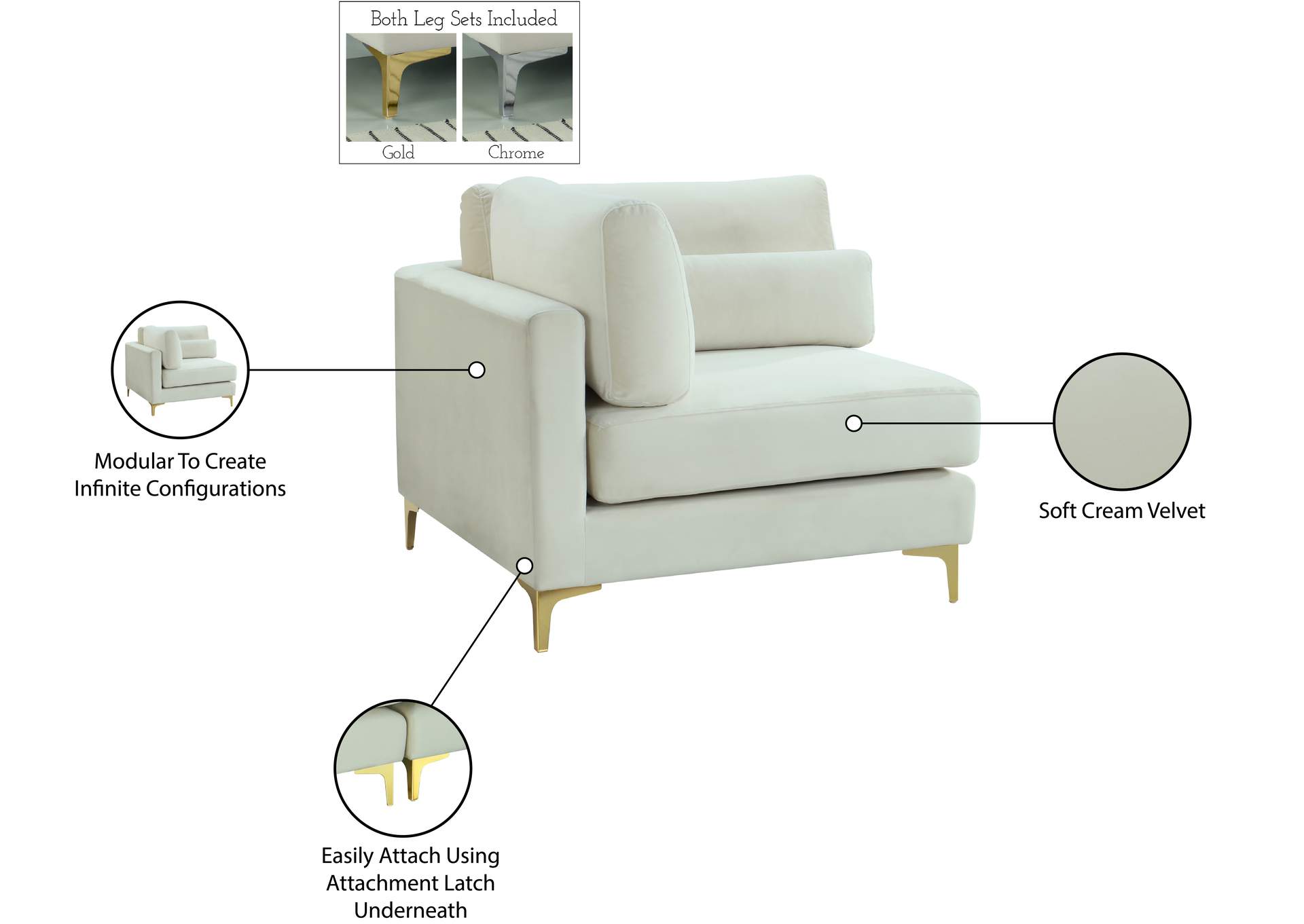 Julia Cream Velvet Modular Corner Chair,Meridian Furniture