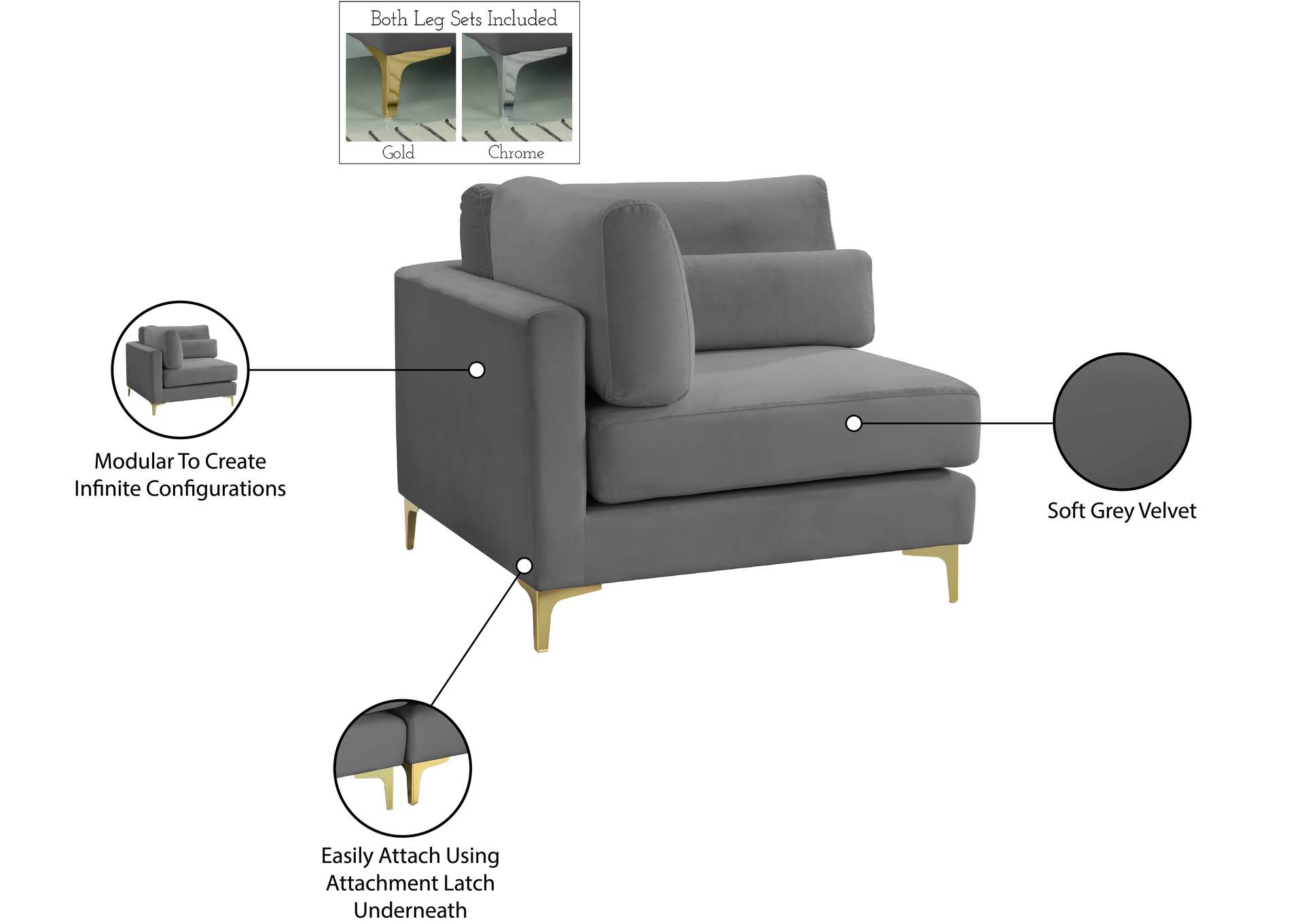 Julia Grey Velvet Modular Corner Chair,Meridian Furniture