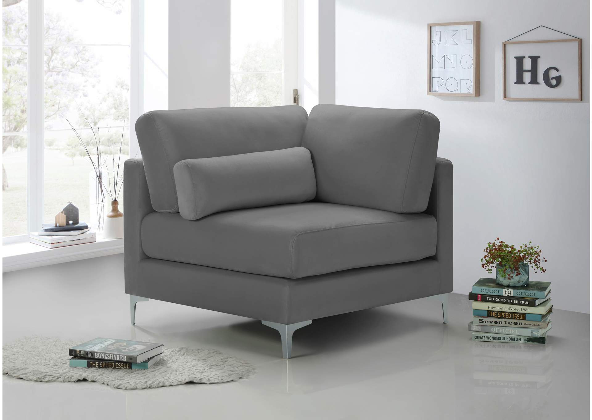 Julia Grey Velvet Modular Corner Chair,Meridian Furniture