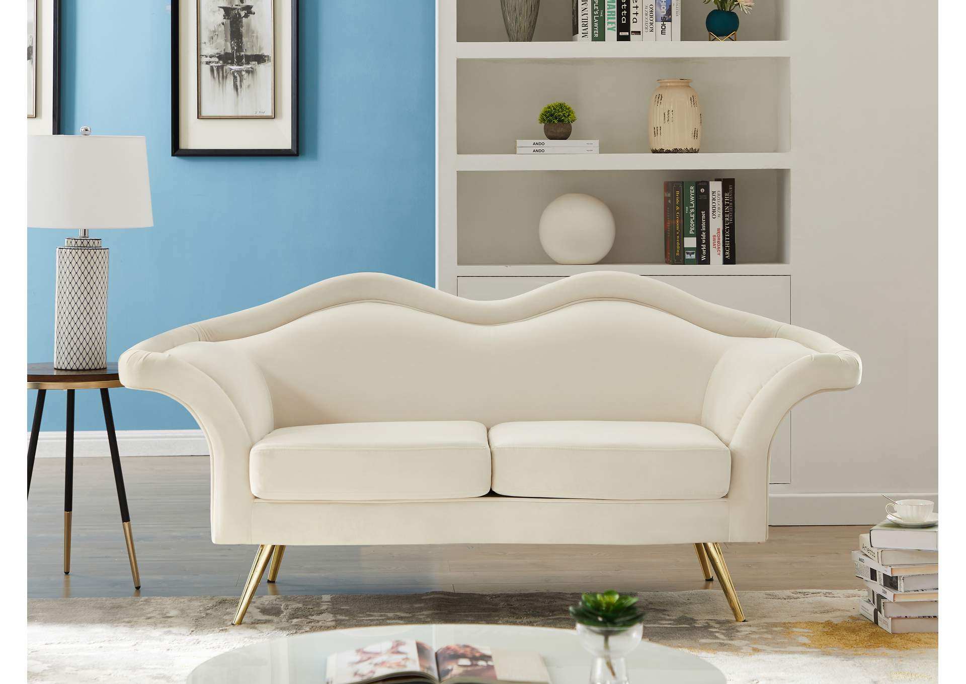 Lips Cream Velvet Loveseat,Meridian Furniture