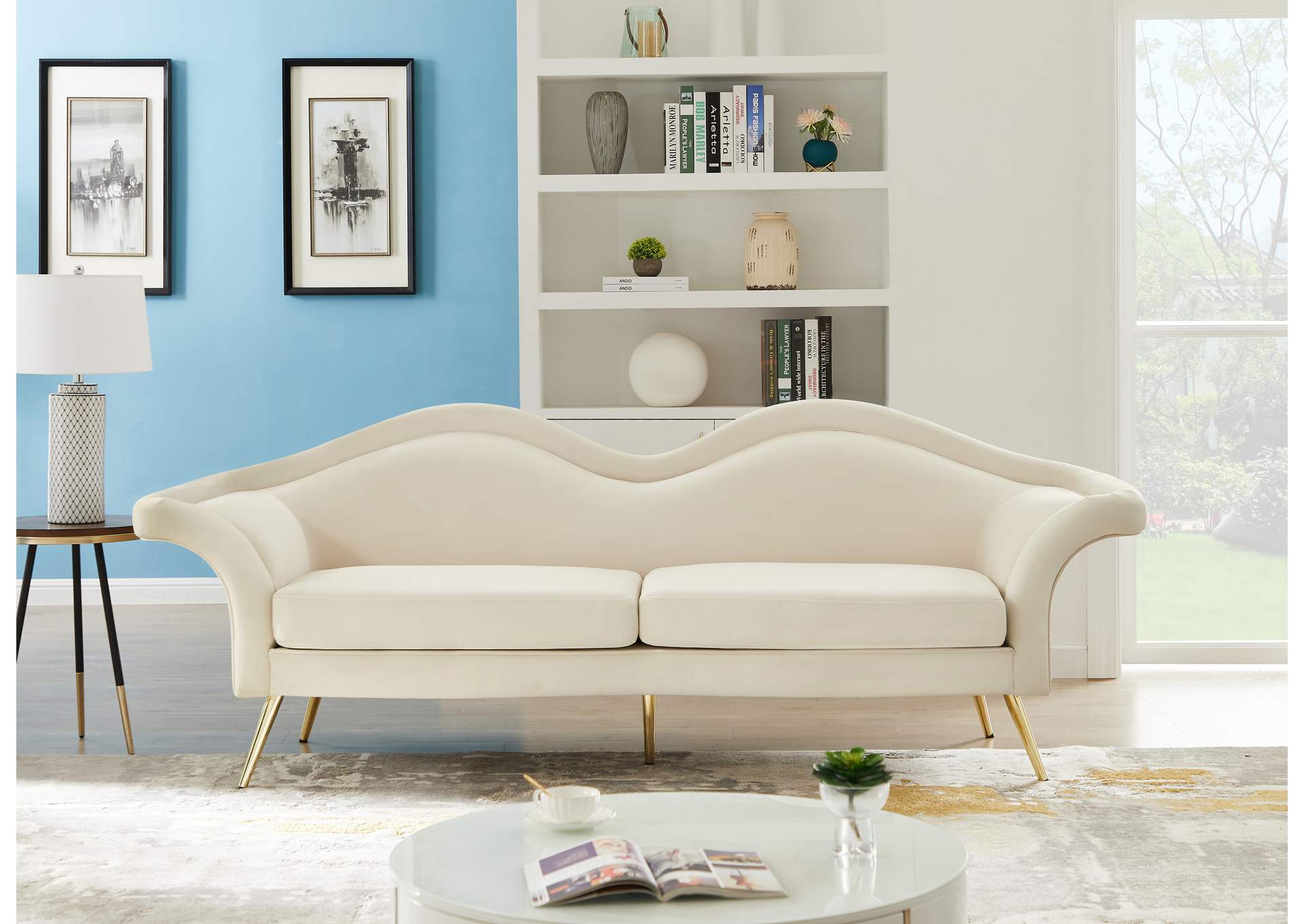 Lips Cream Velvet Sofa,Meridian Furniture