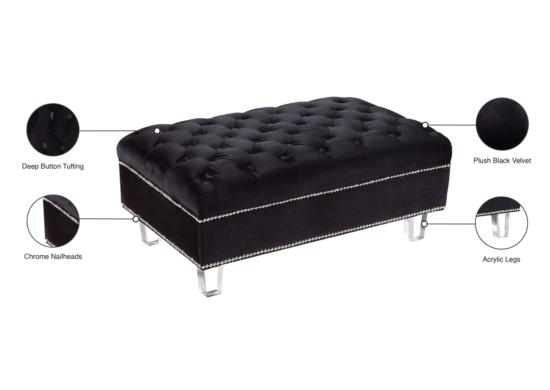 Lucas Black Velvet Ottoman,Meridian Furniture