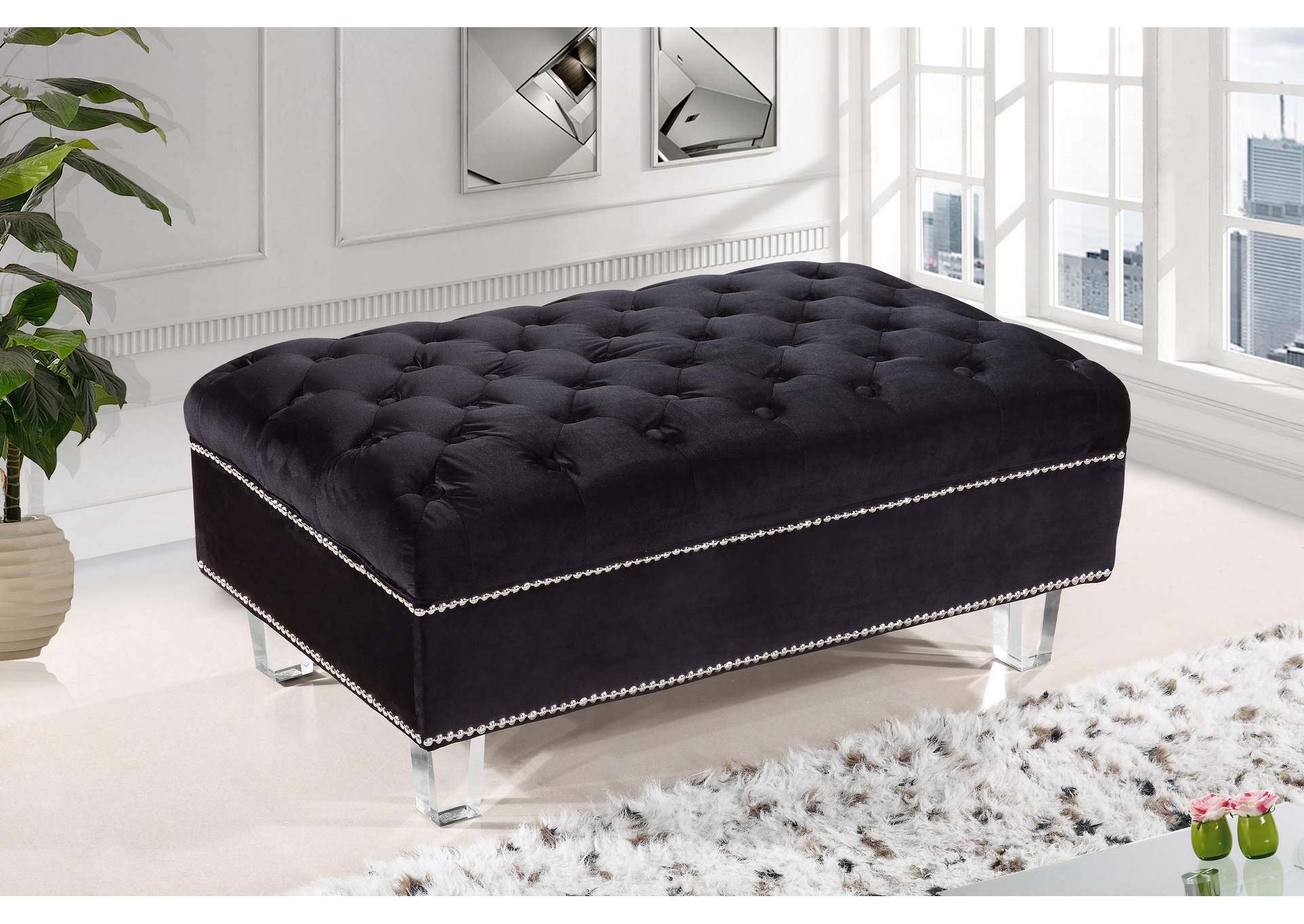 Lucas Black Velvet Ottoman,Meridian Furniture