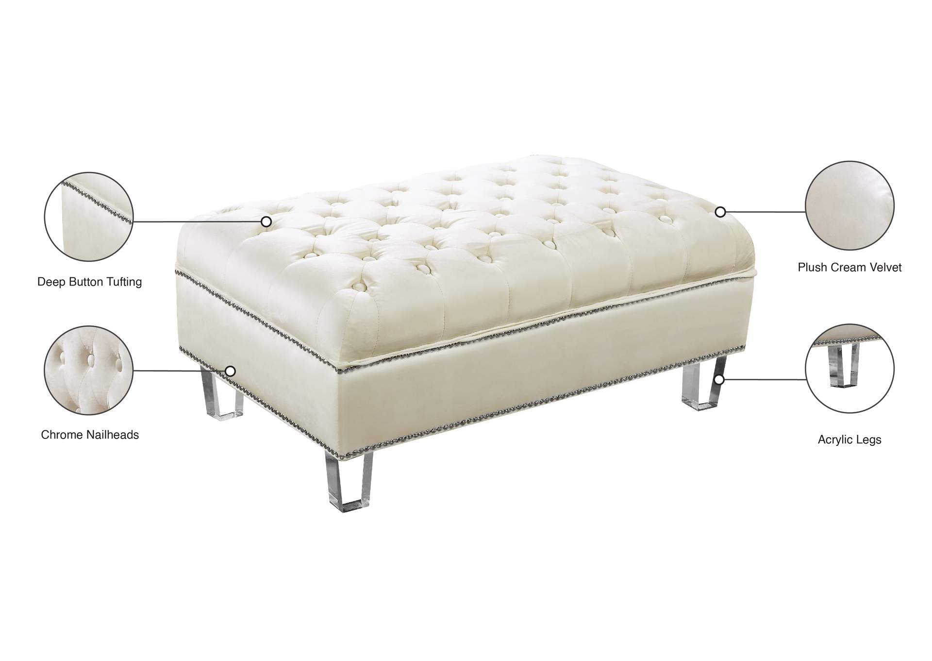 Lucas Cream Velvet Ottoman,Meridian Furniture