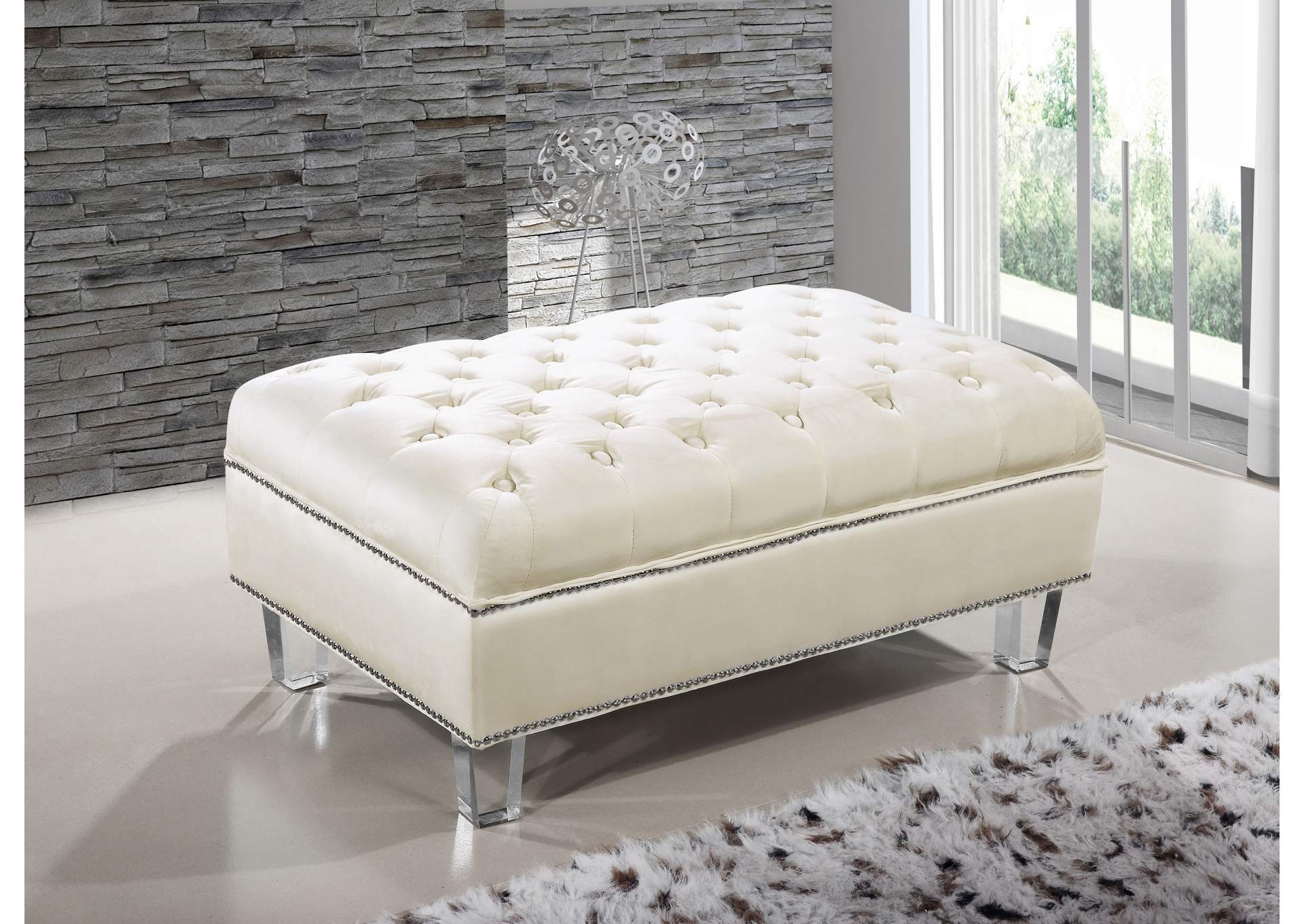 Lucas Cream Velvet Ottoman,Meridian Furniture