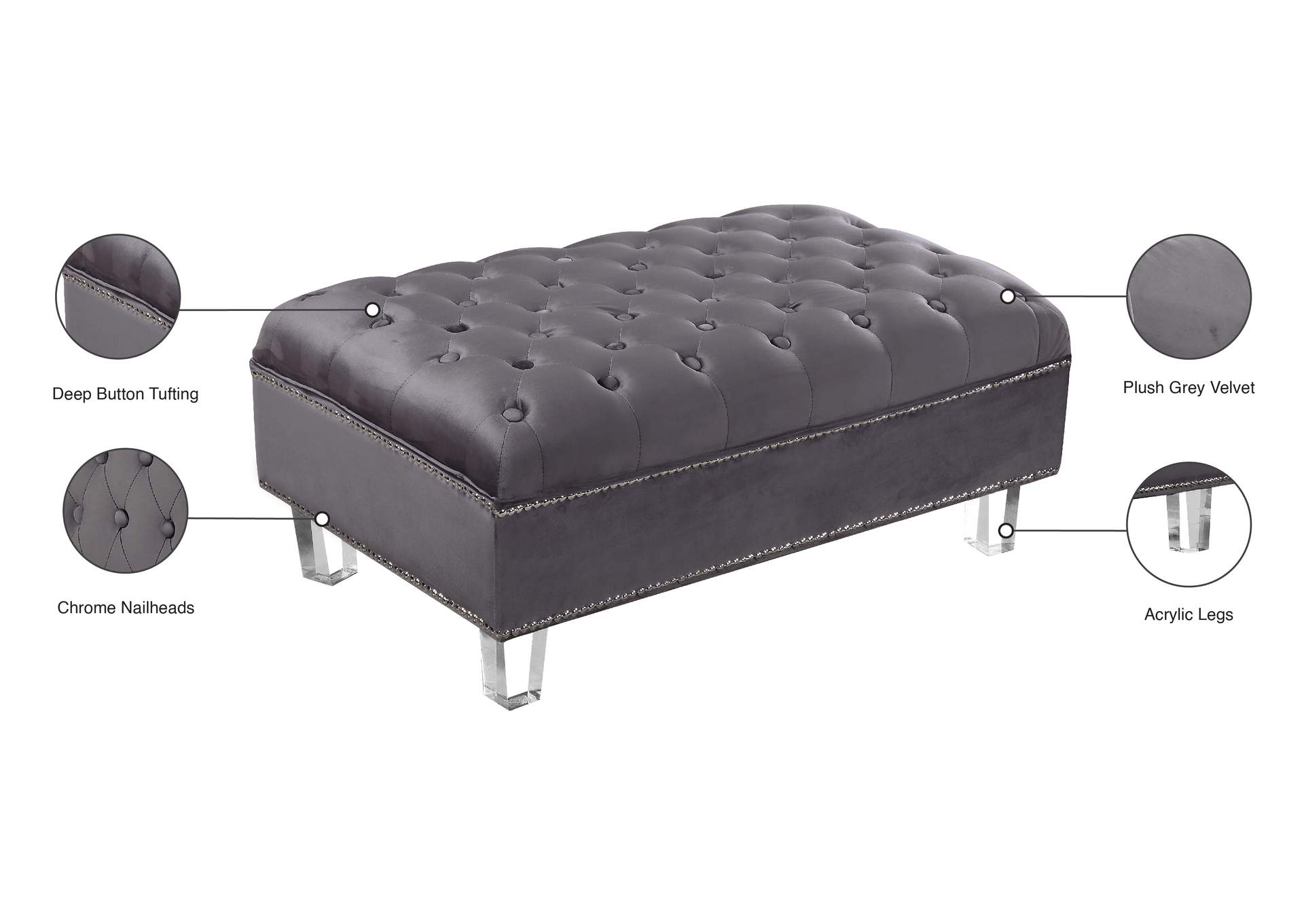 Lucas Grey Velvet Ottoman,Meridian Furniture