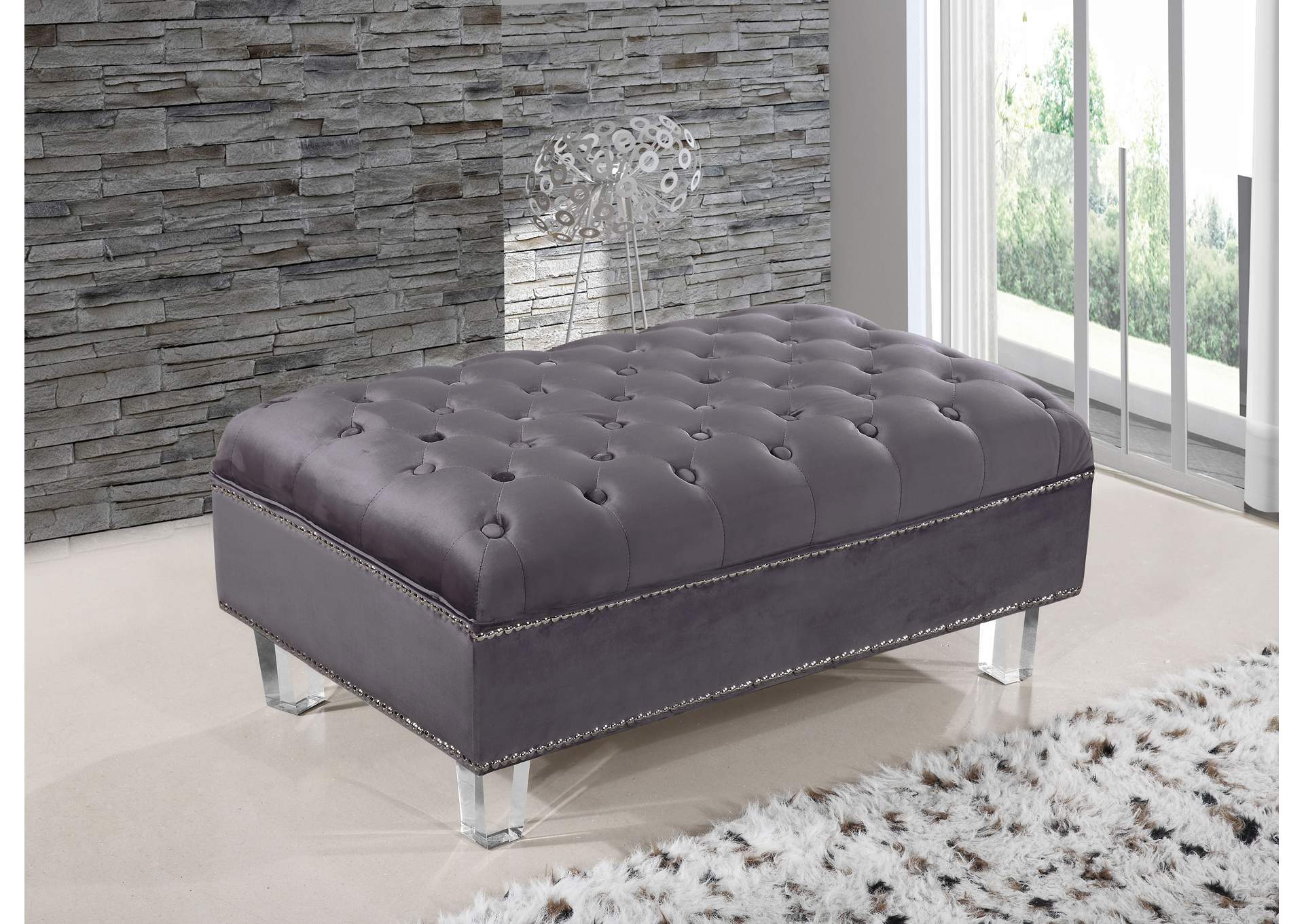 Lucas Grey Velvet Ottoman,Meridian Furniture