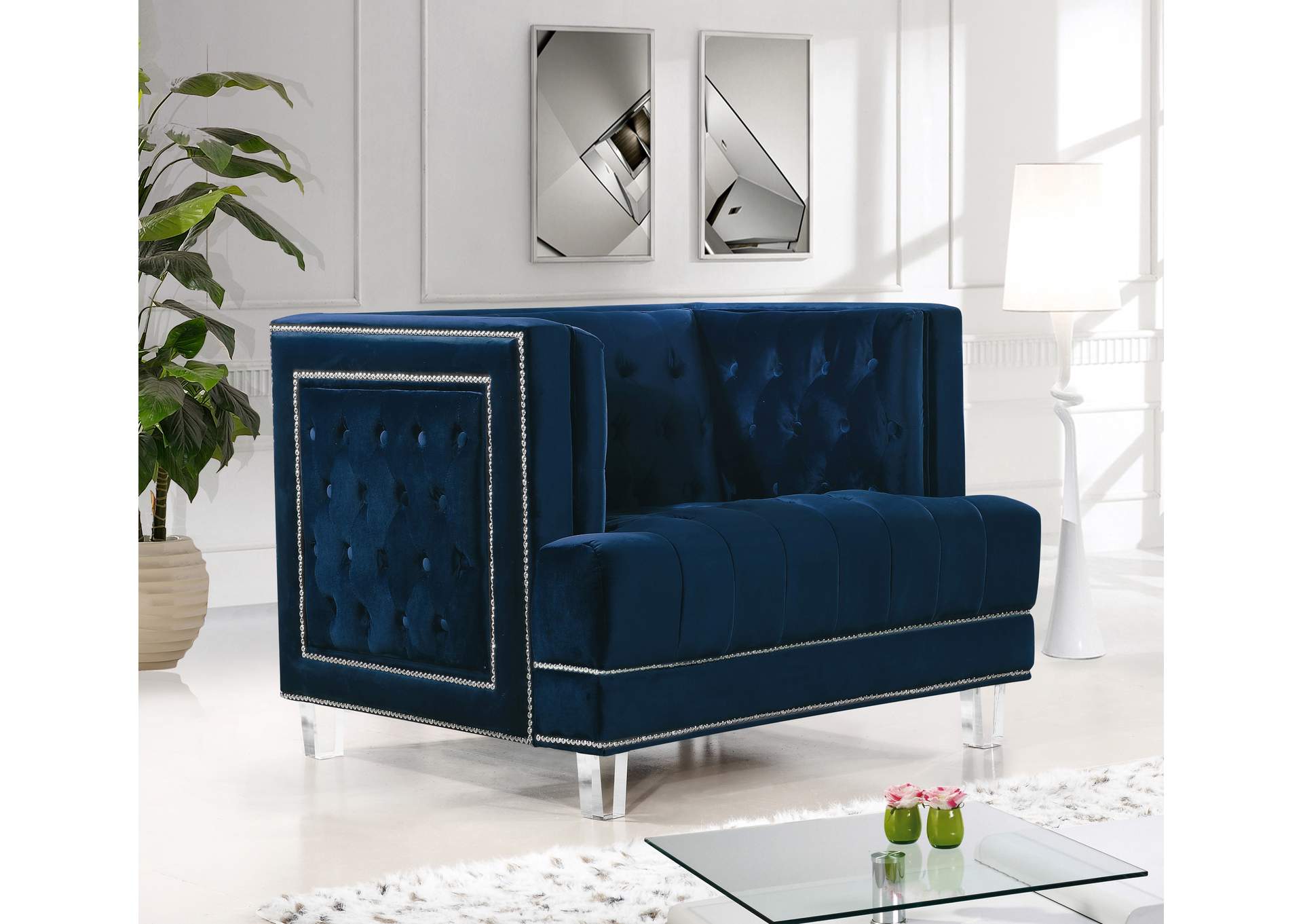 Lucas Navy Velvet Chair,Meridian Furniture