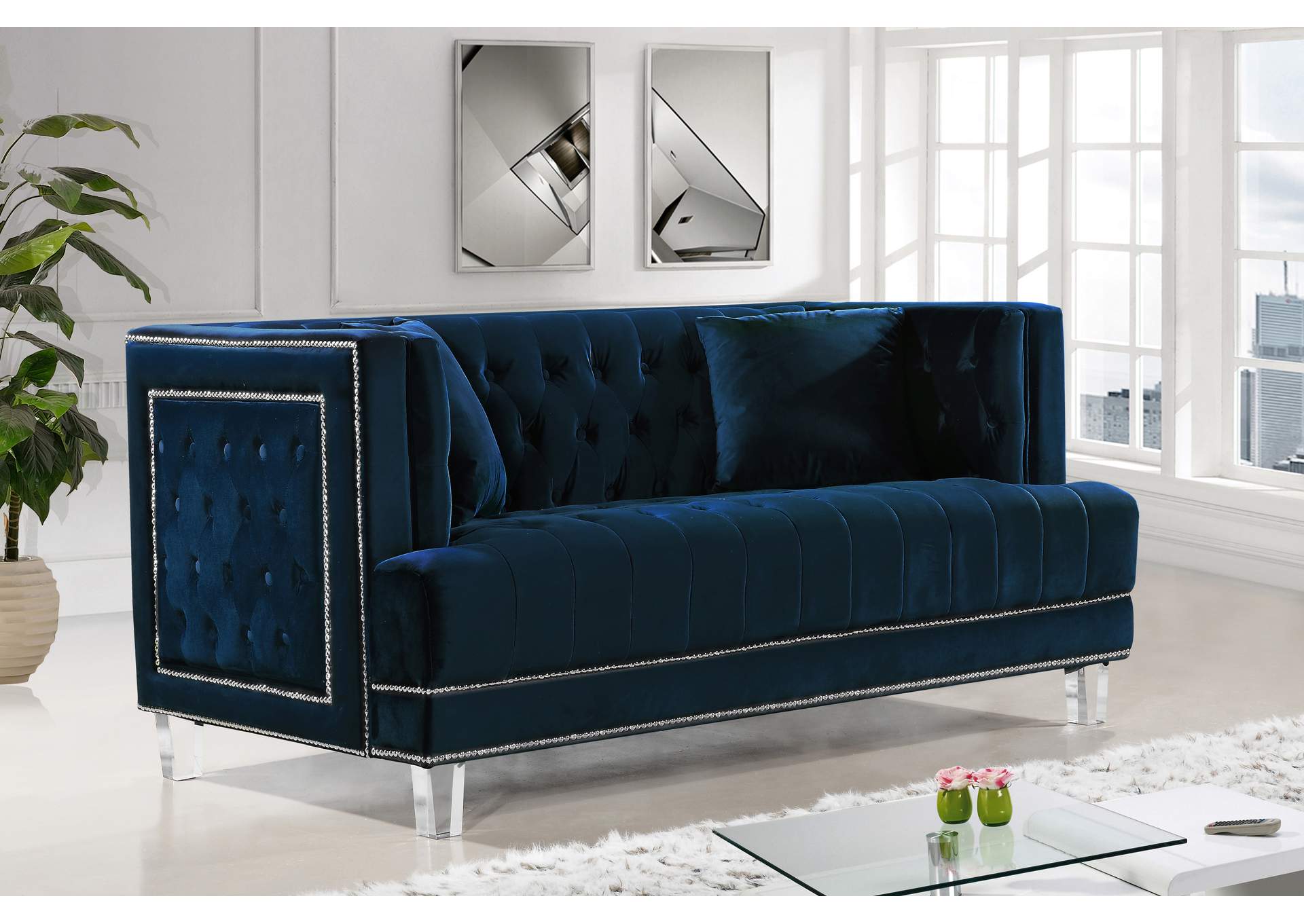 Lucas Navy Velvet Loveseat,Meridian Furniture