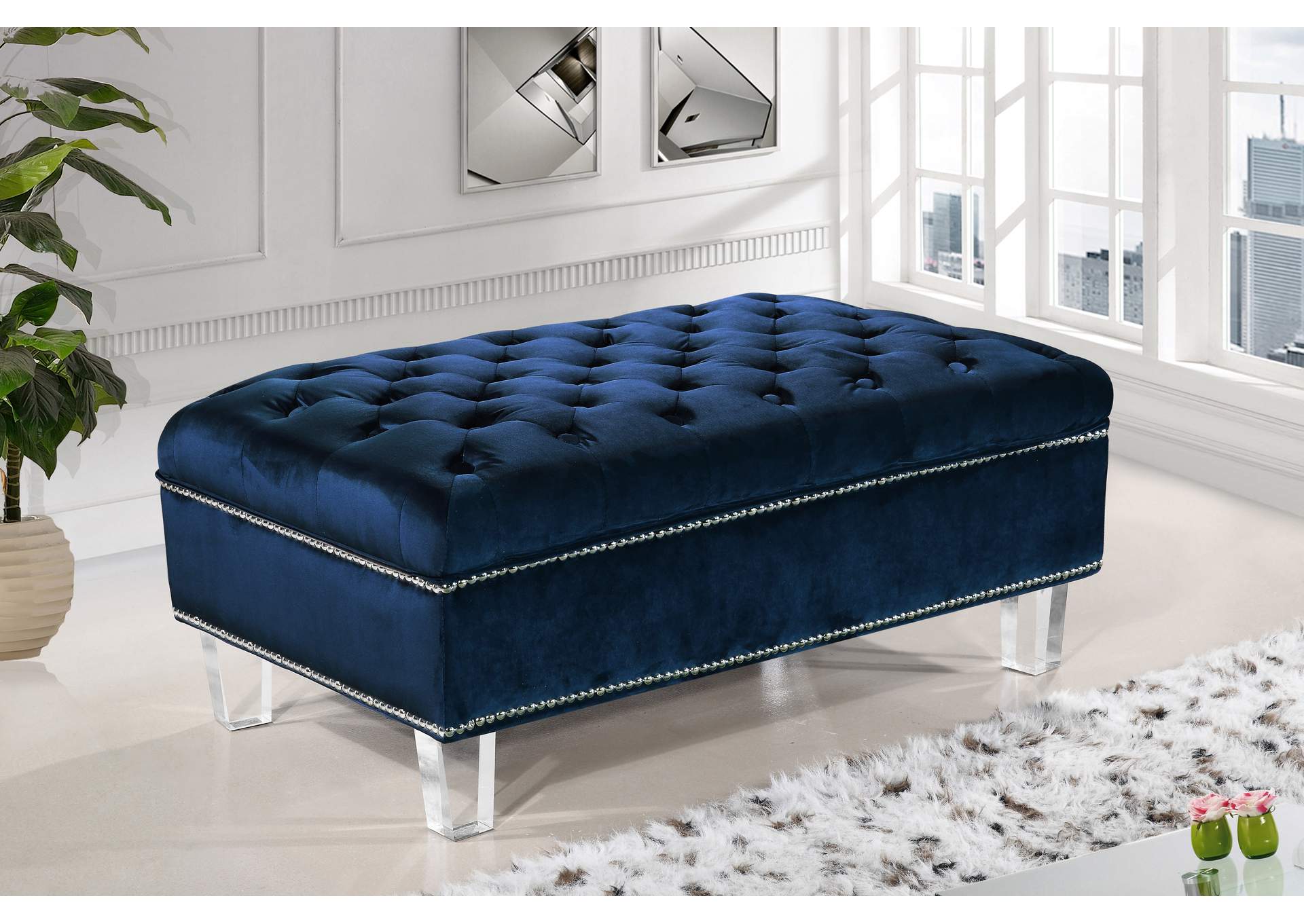 Lucas Navy Velvet Ottoman,Meridian Furniture