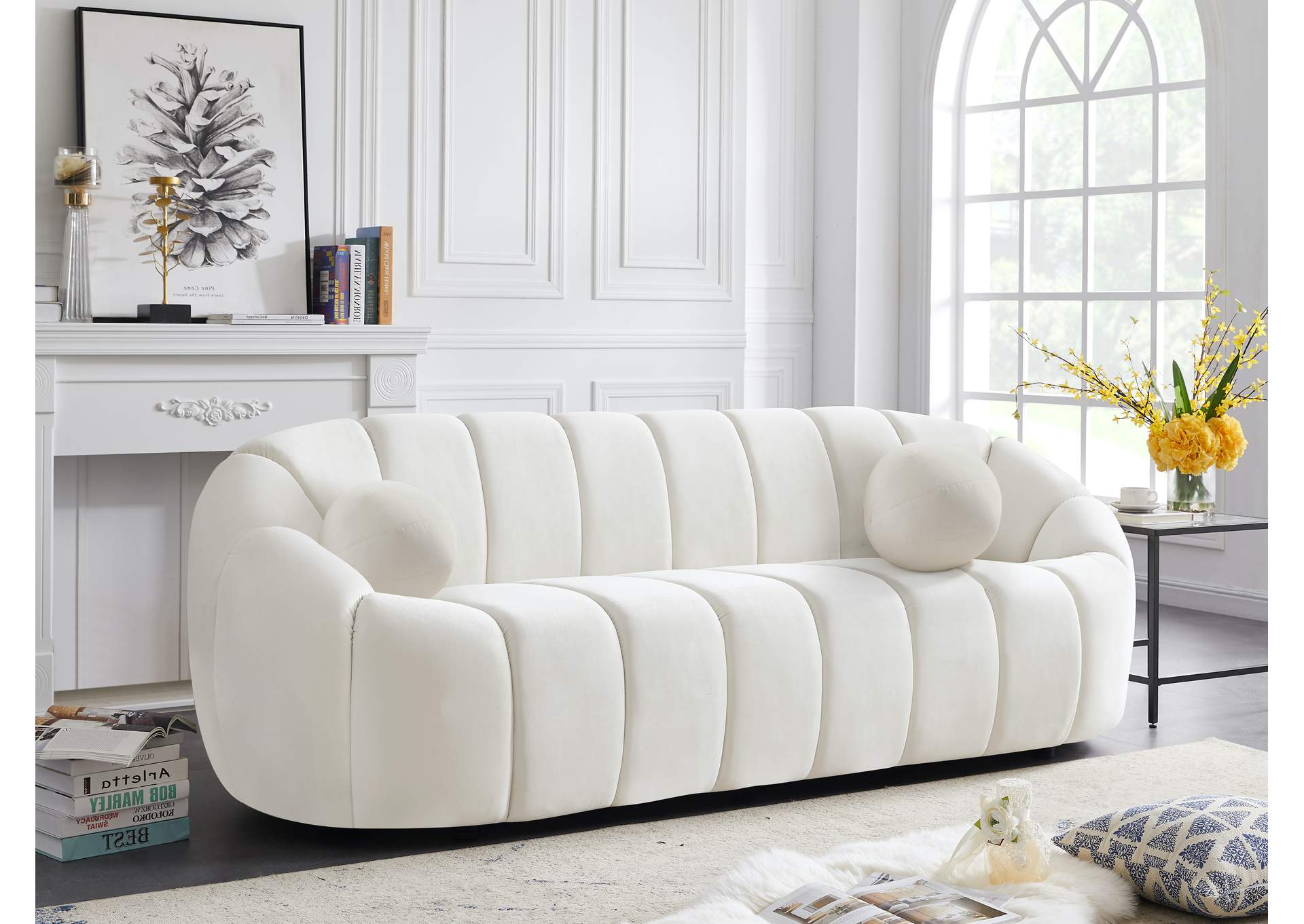 Elijah Cream Velvet Sofa,Meridian Furniture