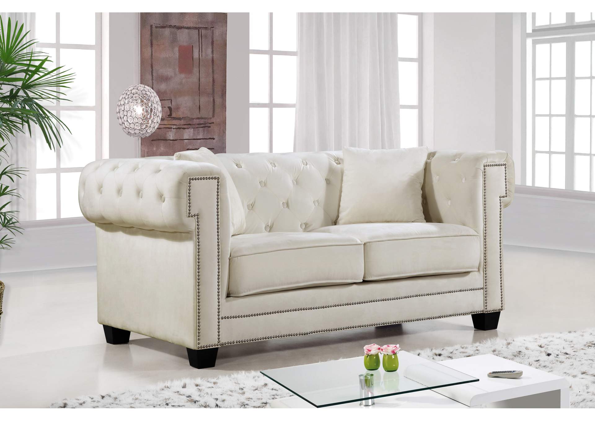 Bowery Cream Velvet Loveseat,Meridian Furniture