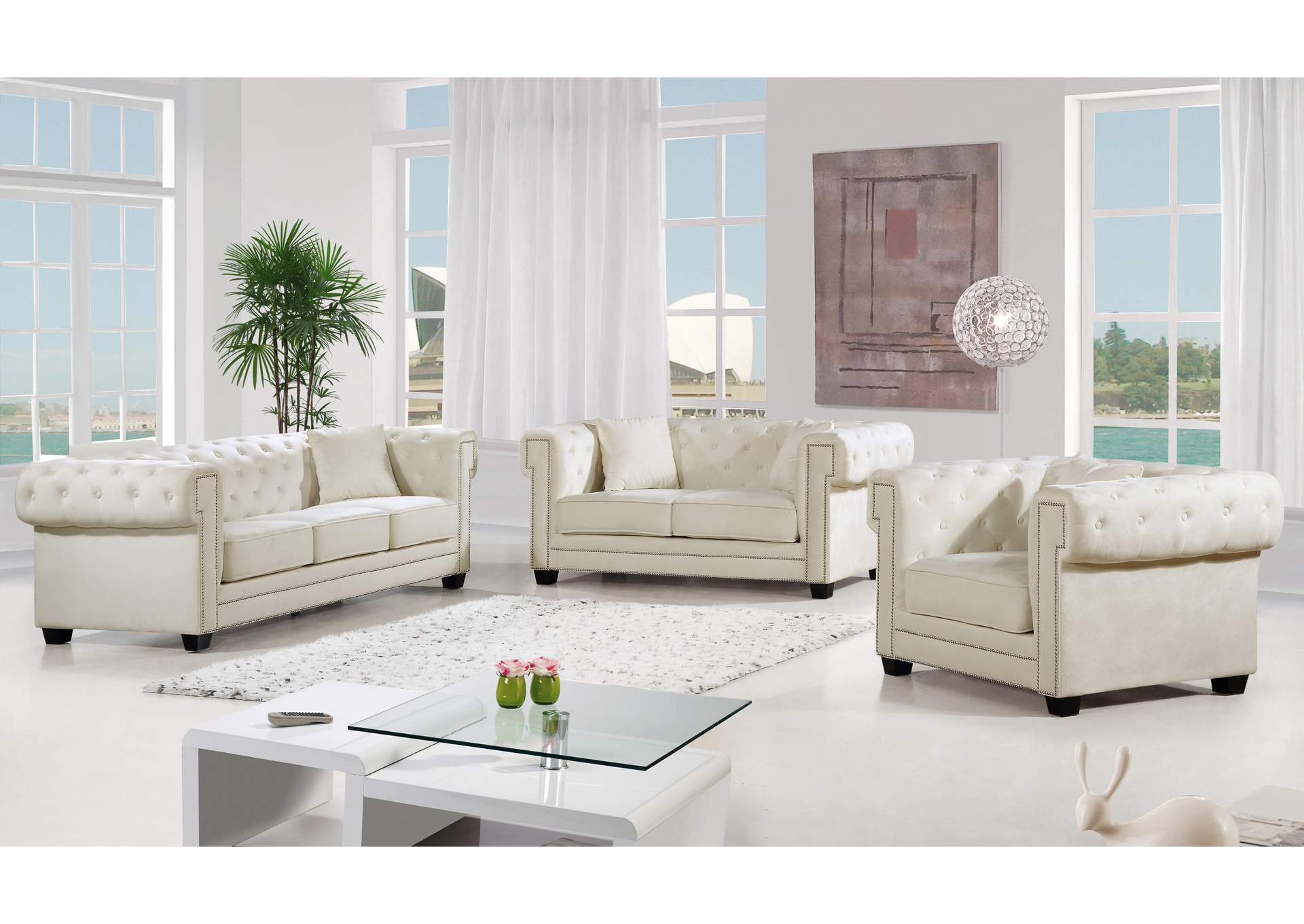 Bowery Cream Velvet Loveseat,Meridian Furniture