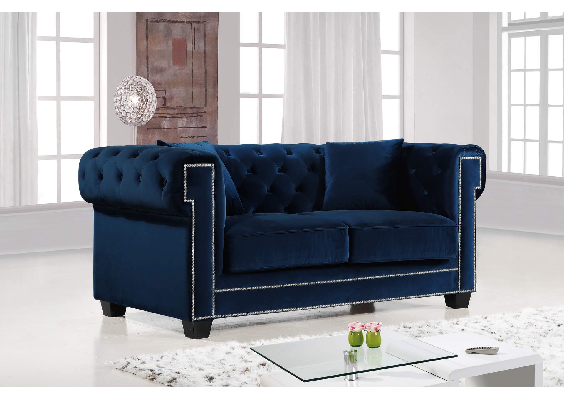 Bowery Navy Velvet Loveseat,Meridian Furniture