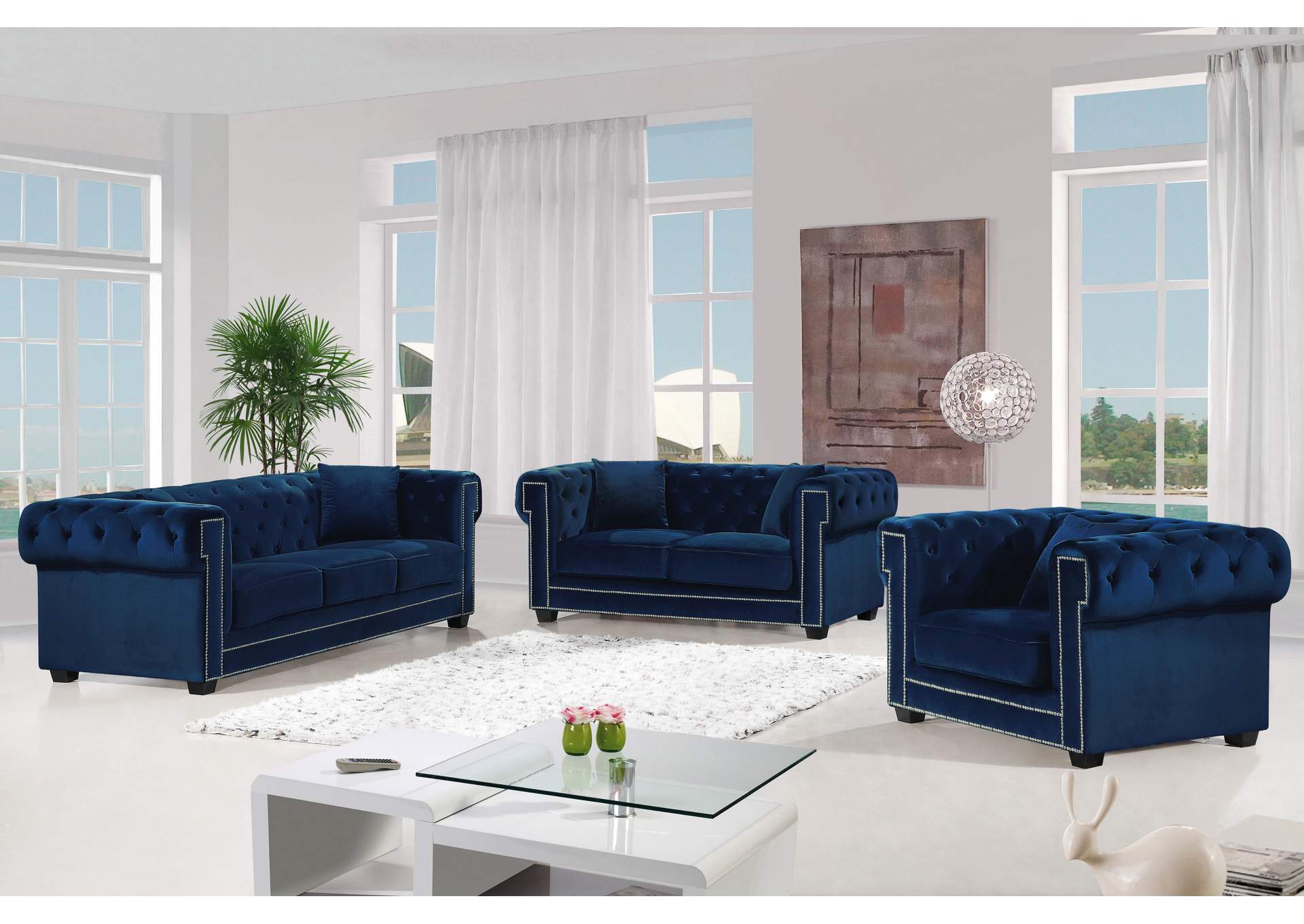 Bowery Navy Velvet Loveseat,Meridian Furniture