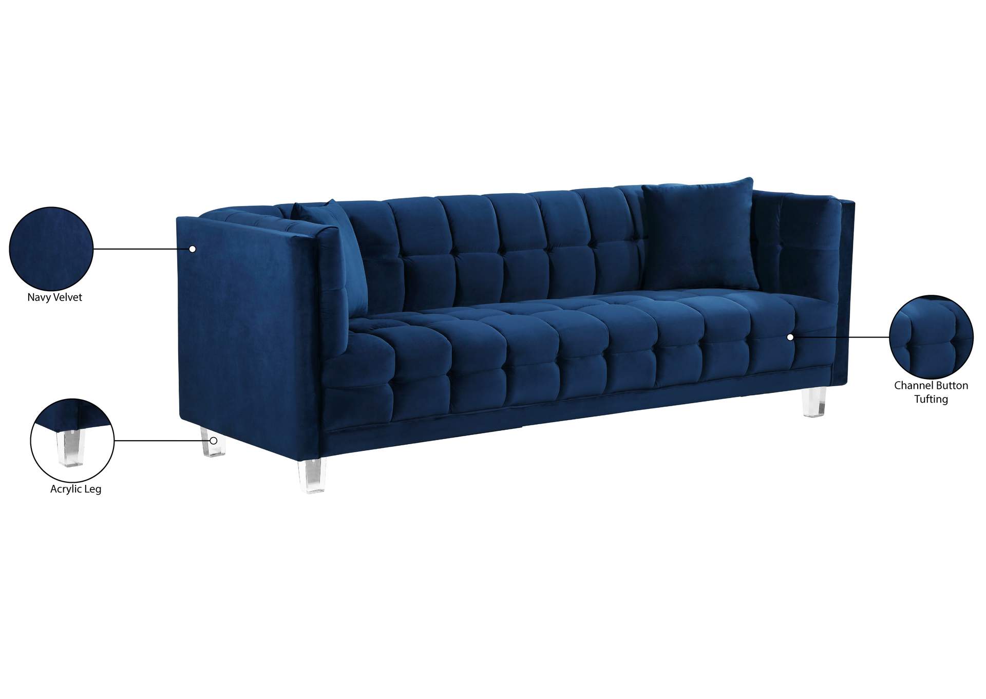 Mariel Navy Velvet Sofa,Meridian Furniture