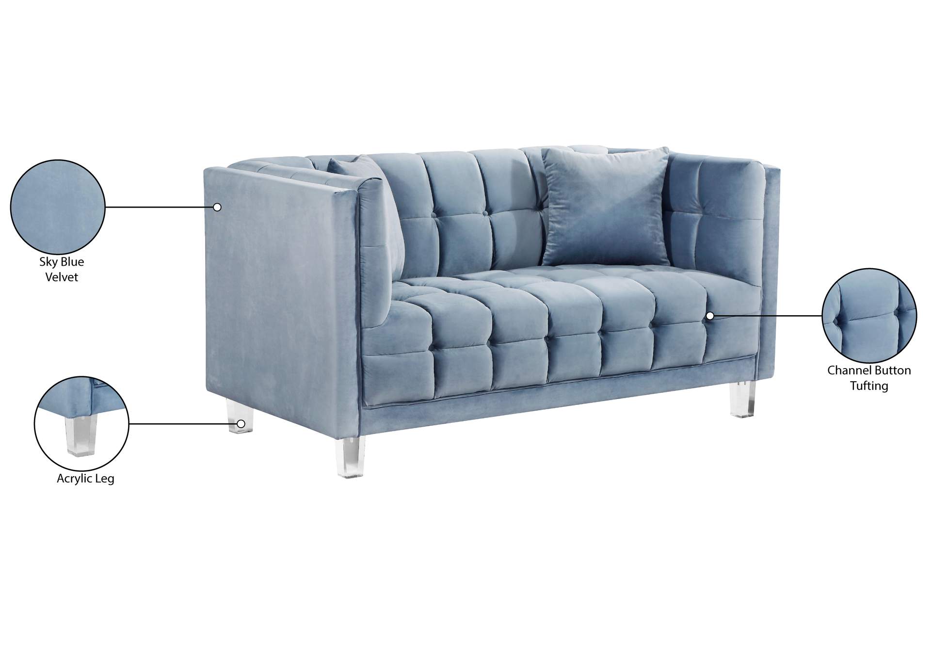 Mariel Sky Blue Velvet Loveseat,Meridian Furniture