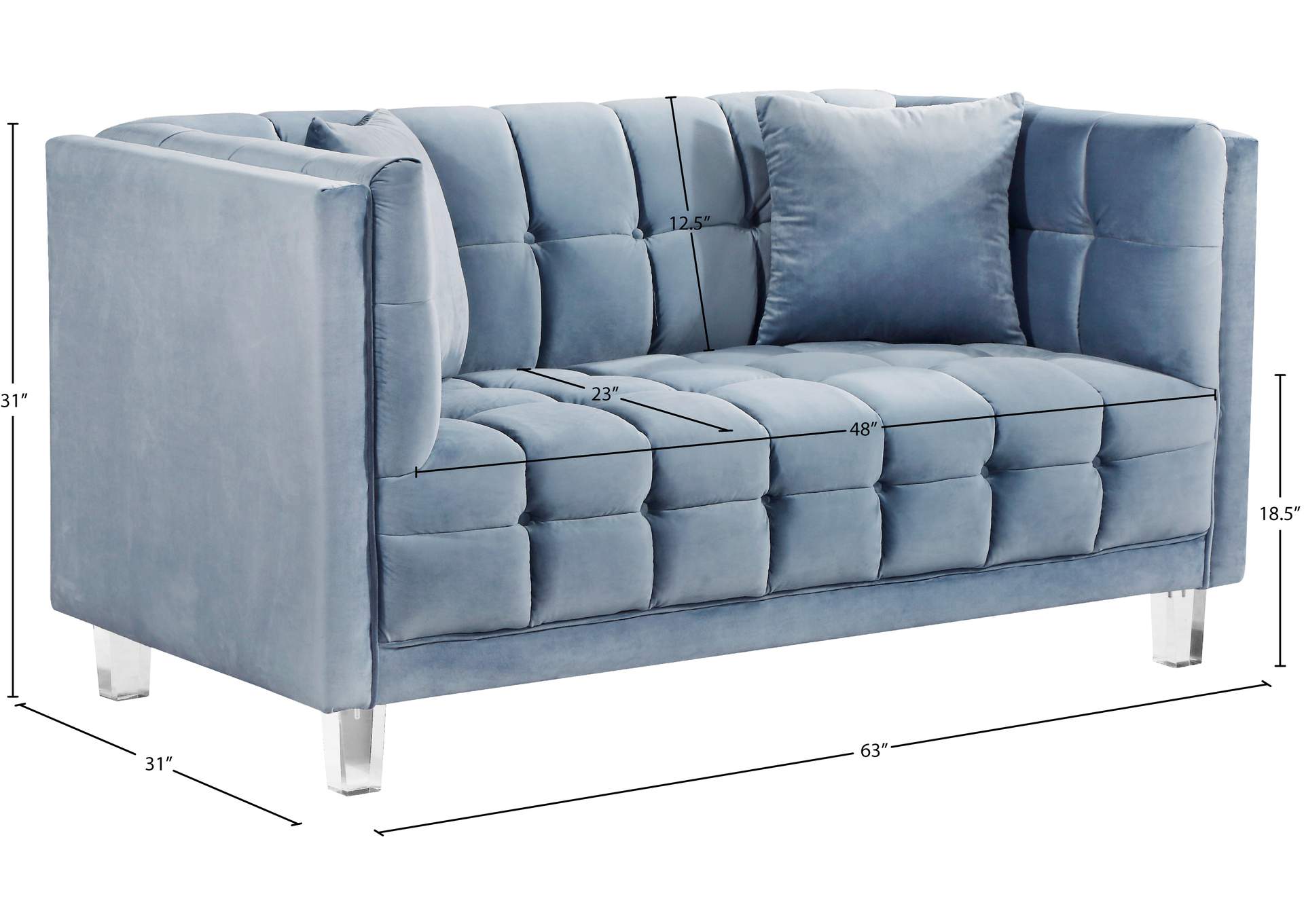 Mariel Sky Blue Velvet Loveseat,Meridian Furniture