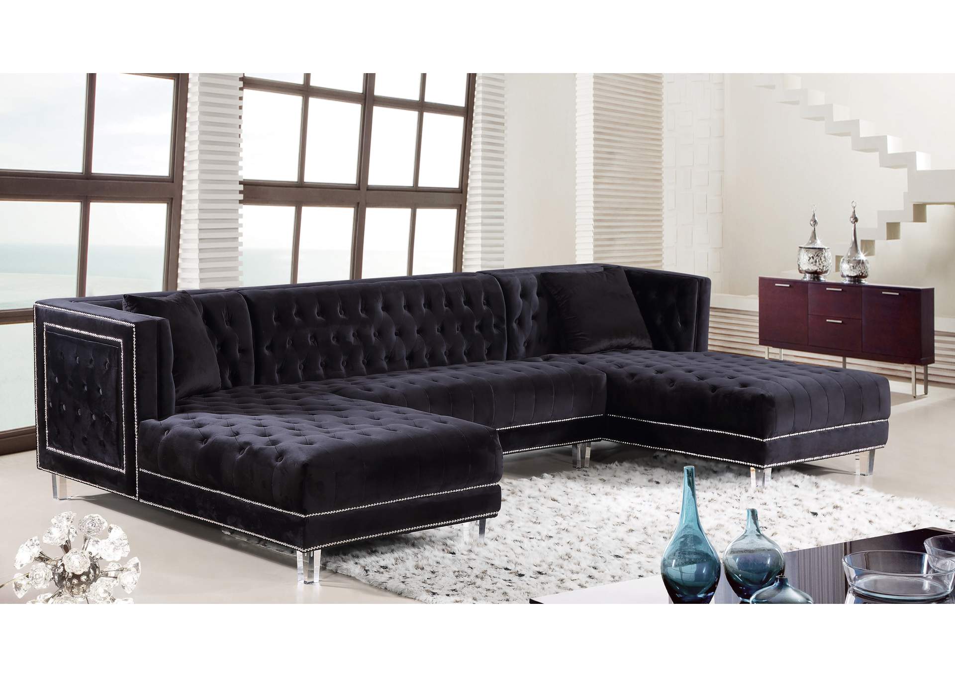 Moda Black Velvet 3 Piece Sectional,Meridian Furniture