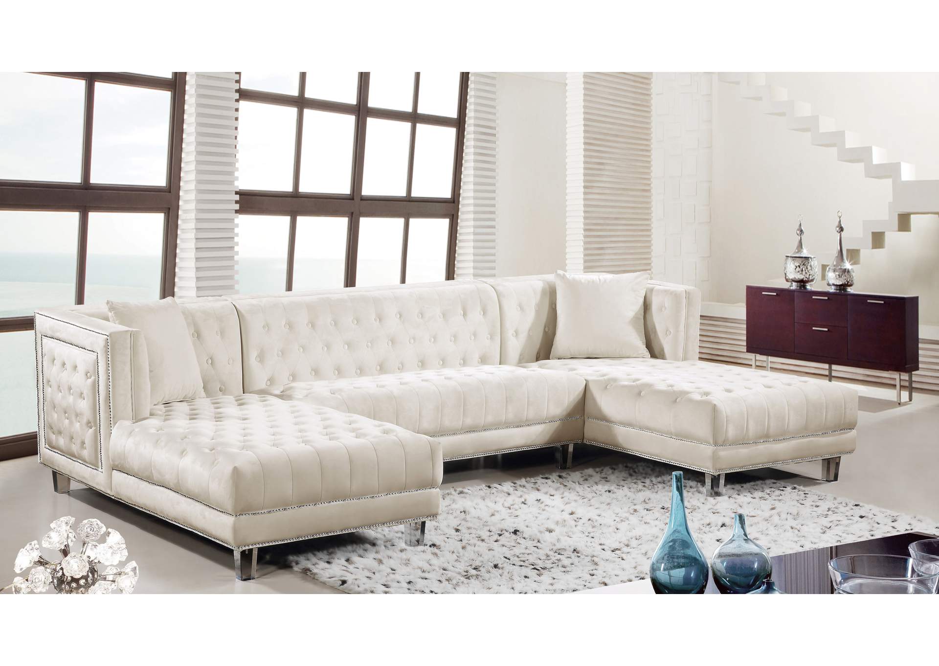 Moda Cream Velvet 3 Piece Sectional,Meridian Furniture