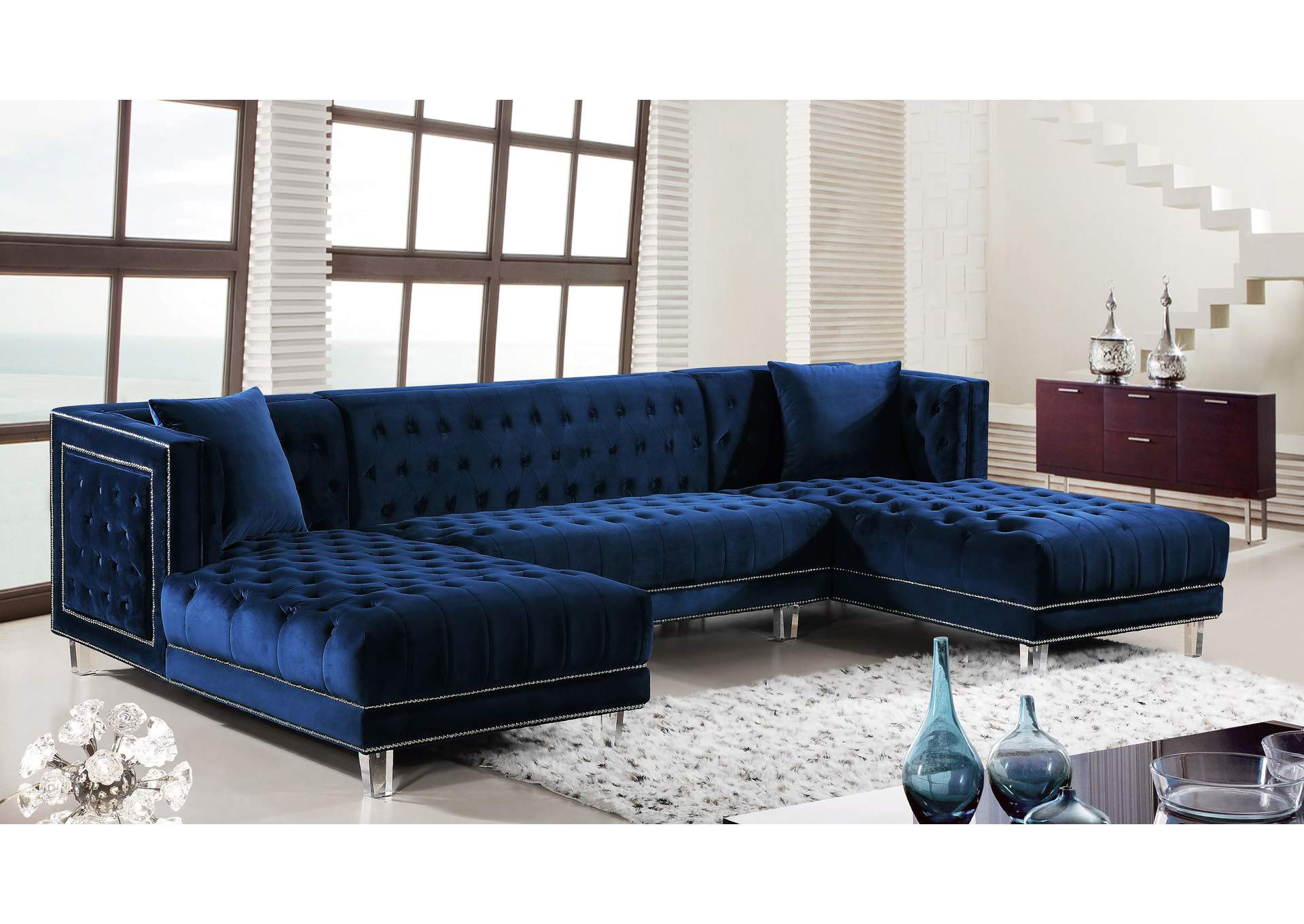 Moda Navy Velvet 3 Piece Sectional,Meridian Furniture