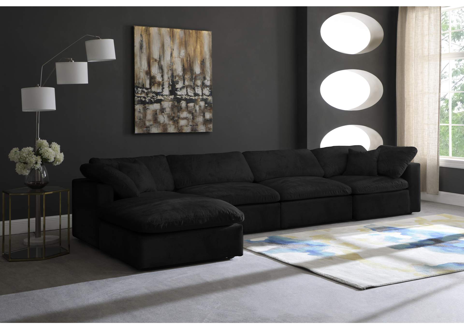 Cozy Black Velvet Comfort Modular Sectional,Meridian Furniture