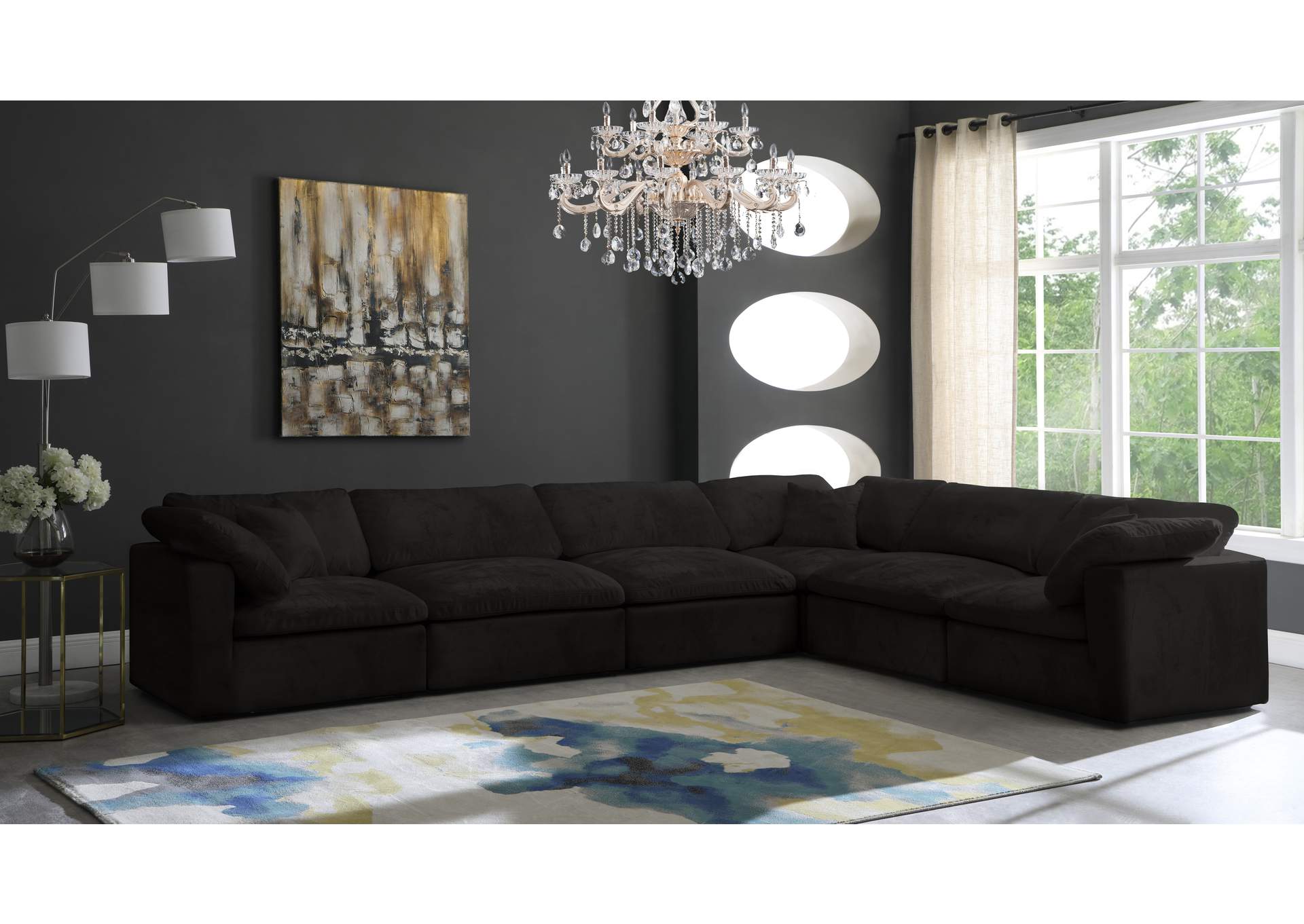 Cozy Black Velvet Comfort Modular Sectional,Meridian Furniture