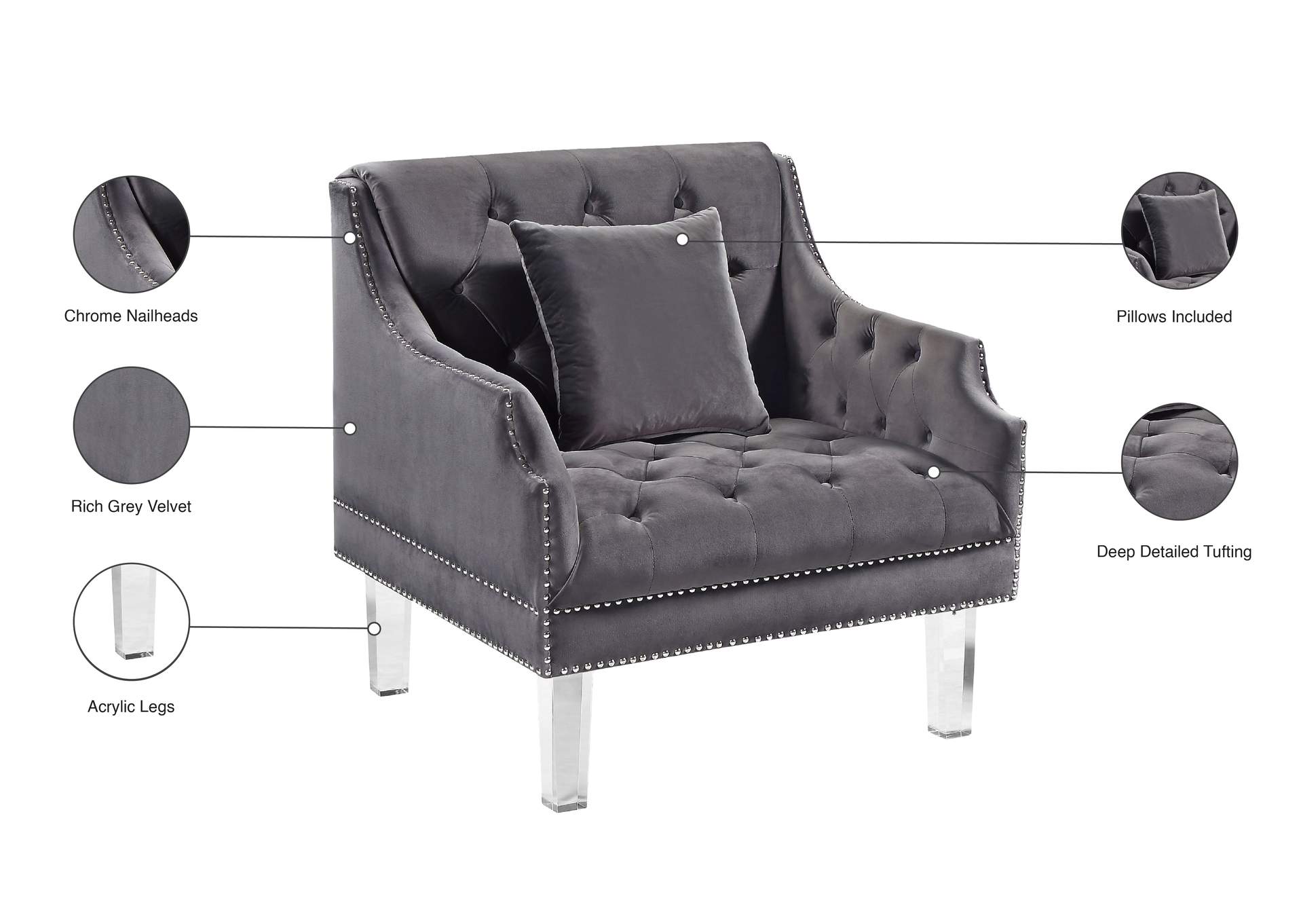 Roxy Grey Velvet Chair,Meridian Furniture