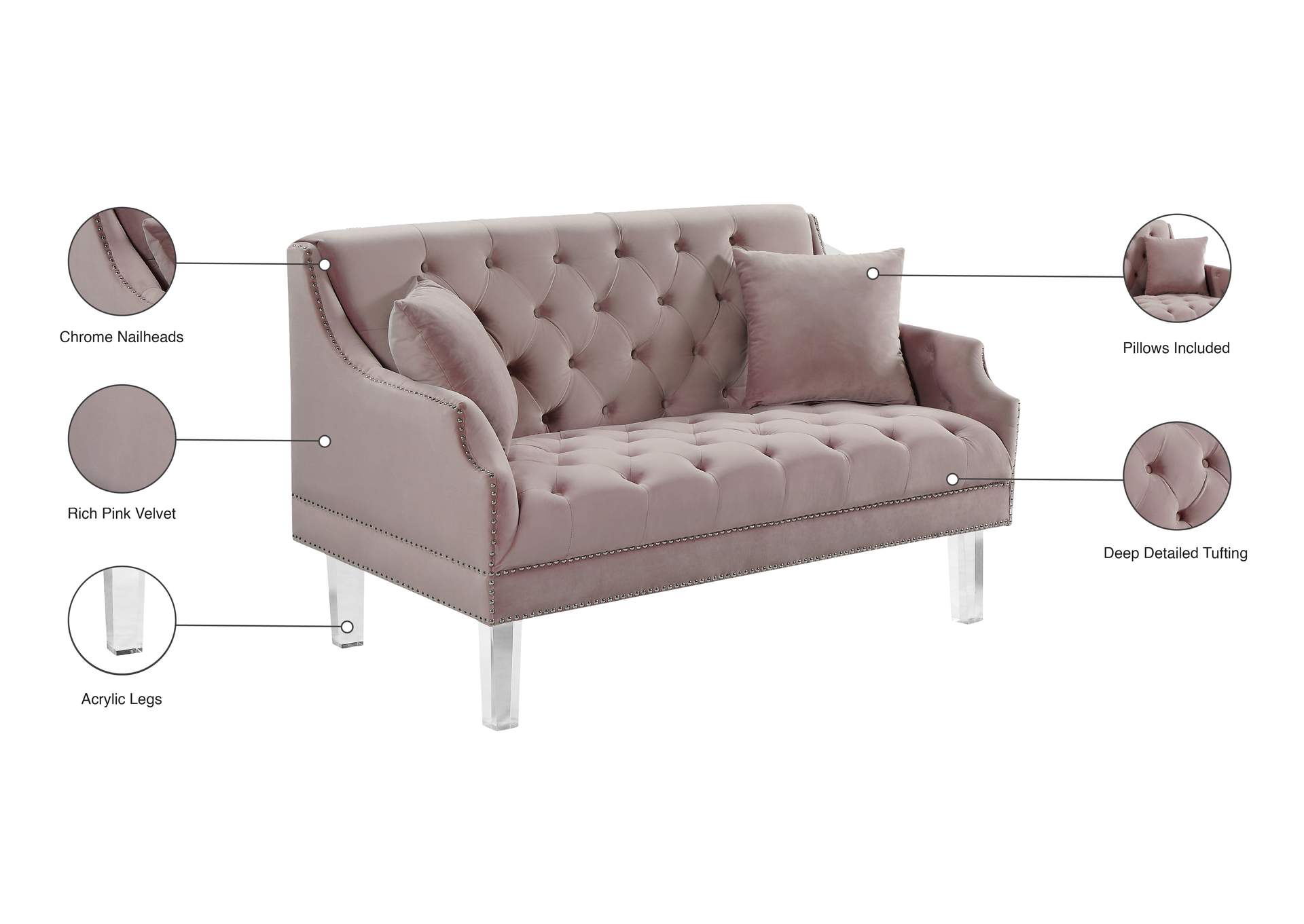 Roxy Pink Velvet Loveseat,Meridian Furniture