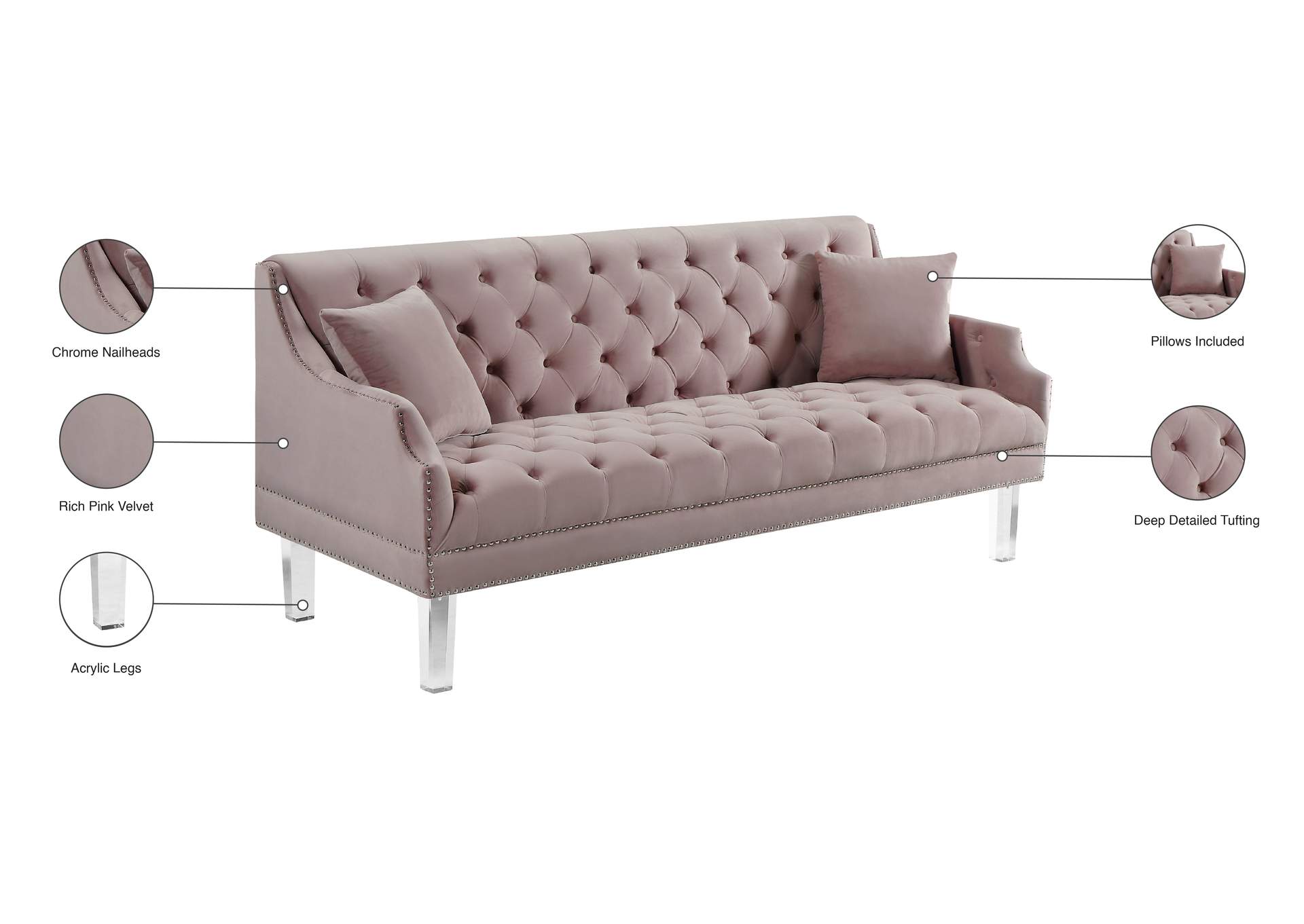 Roxy Pink Velvet Sofa,Meridian Furniture