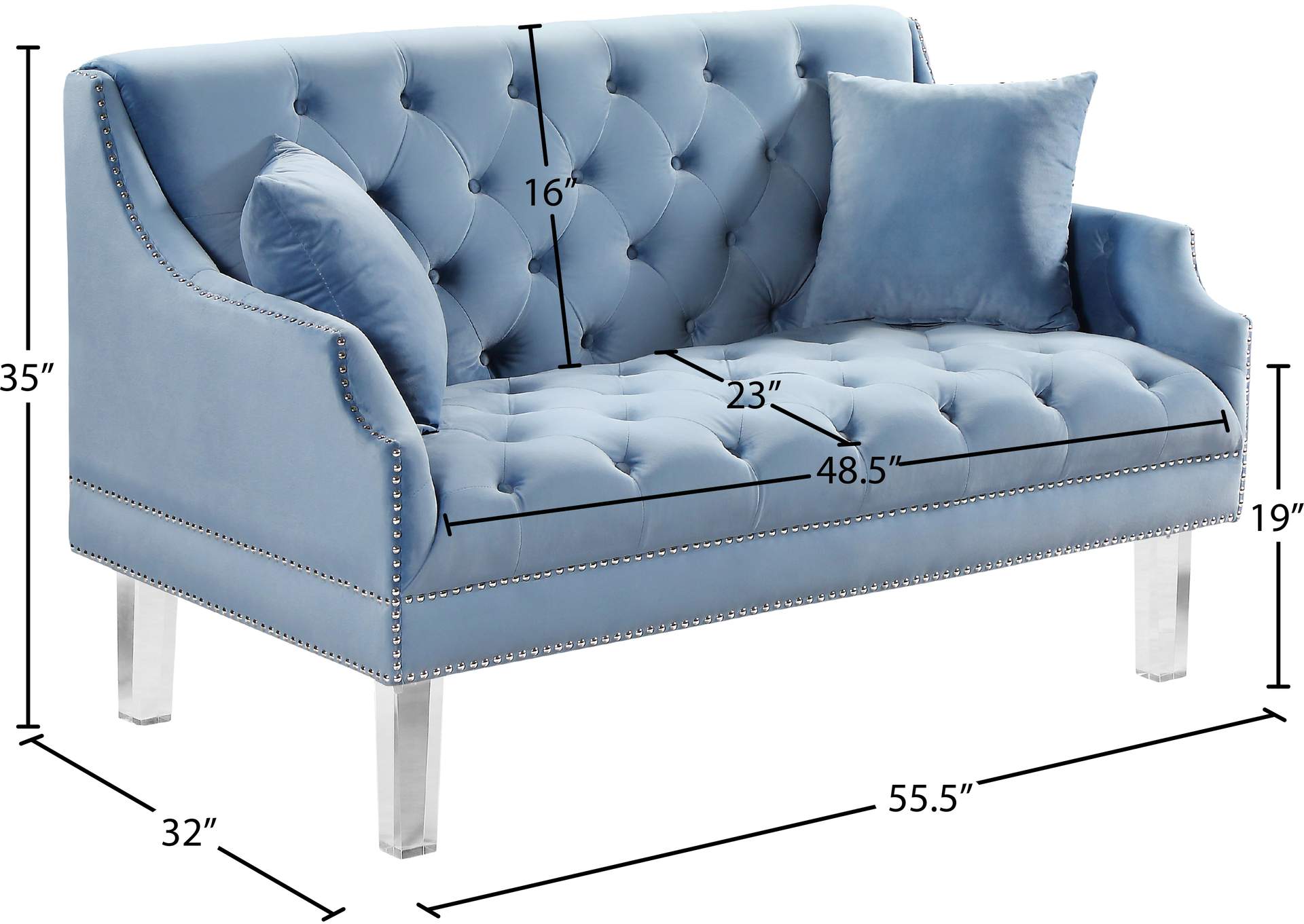 Roxy Sky Blue Velvet Loveseat,Meridian Furniture