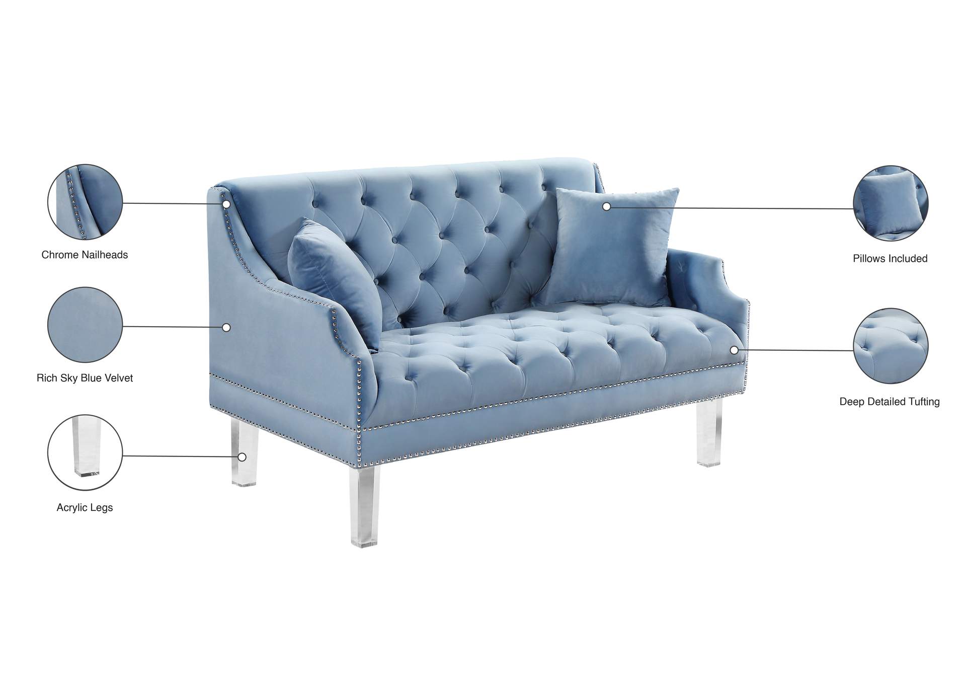 Roxy Sky Blue Velvet Loveseat,Meridian Furniture