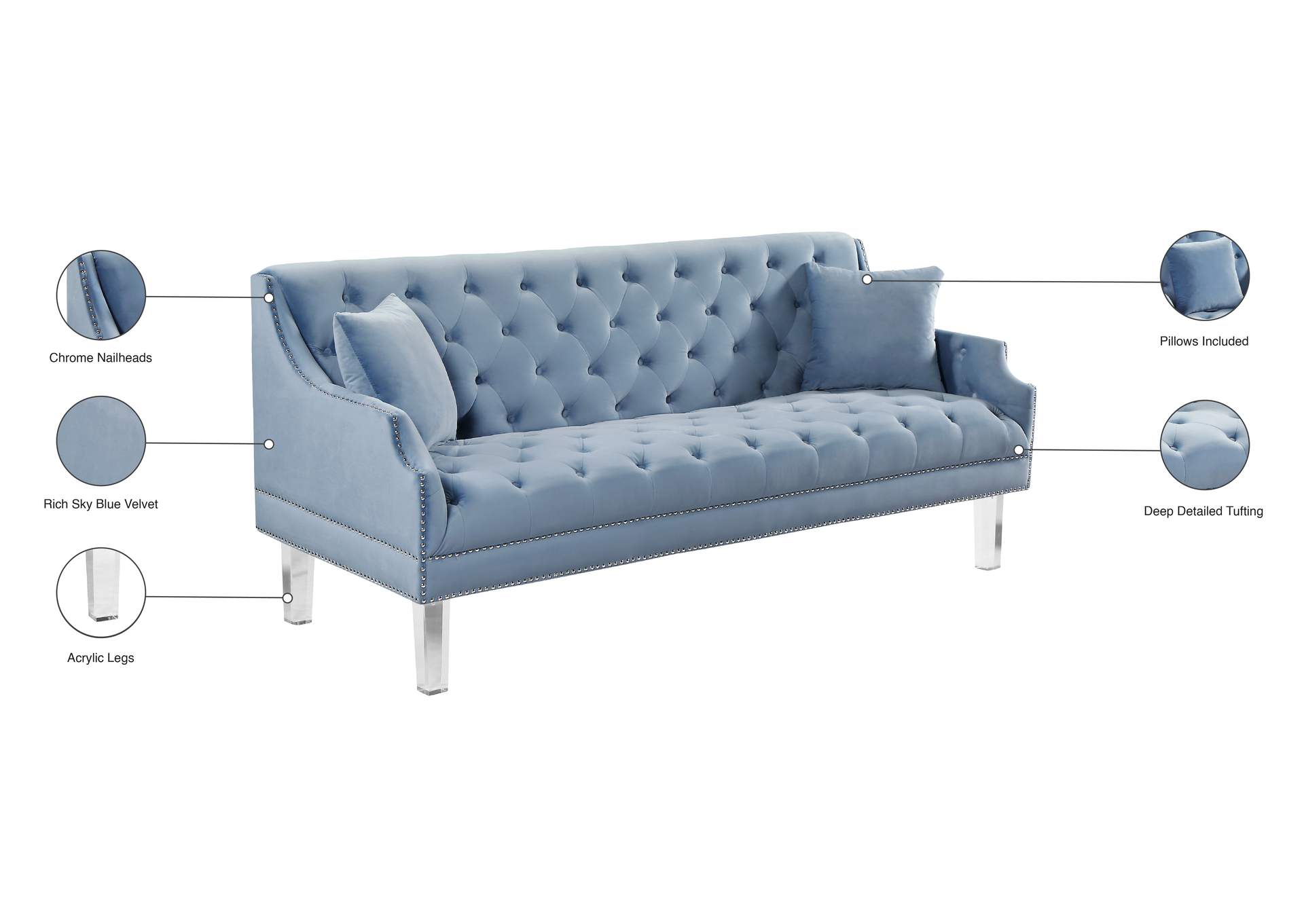 Roxy Sky Blue Velvet Sofa,Meridian Furniture