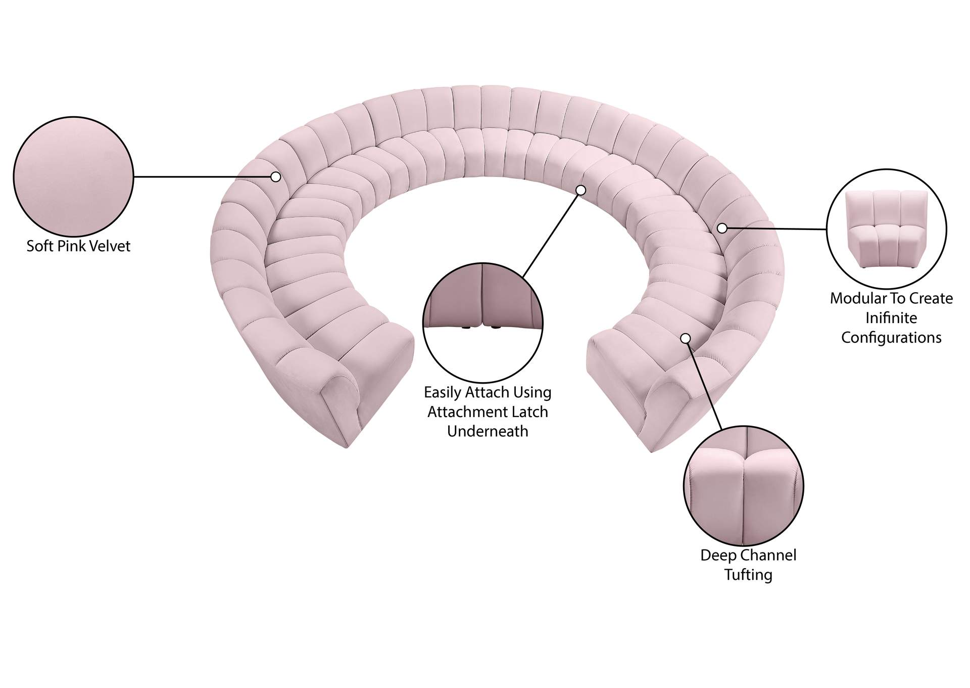 Infinity Pink Velvet 11 Piece Modular Sectional,Meridian Furniture