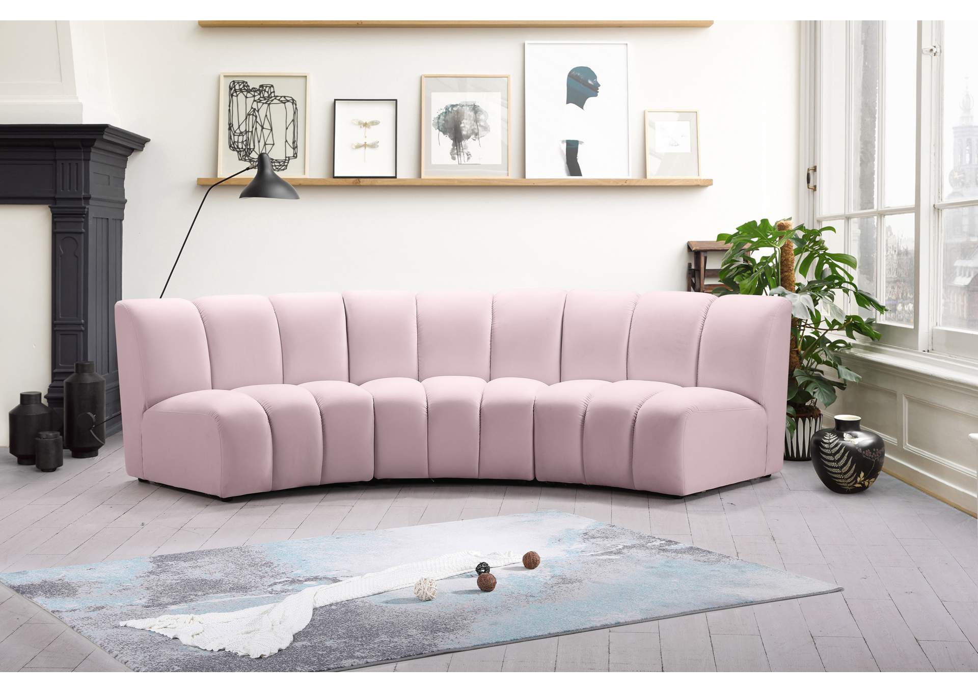 Infinity Pink Velvet 3 Piece Modular Sectional,Meridian Furniture